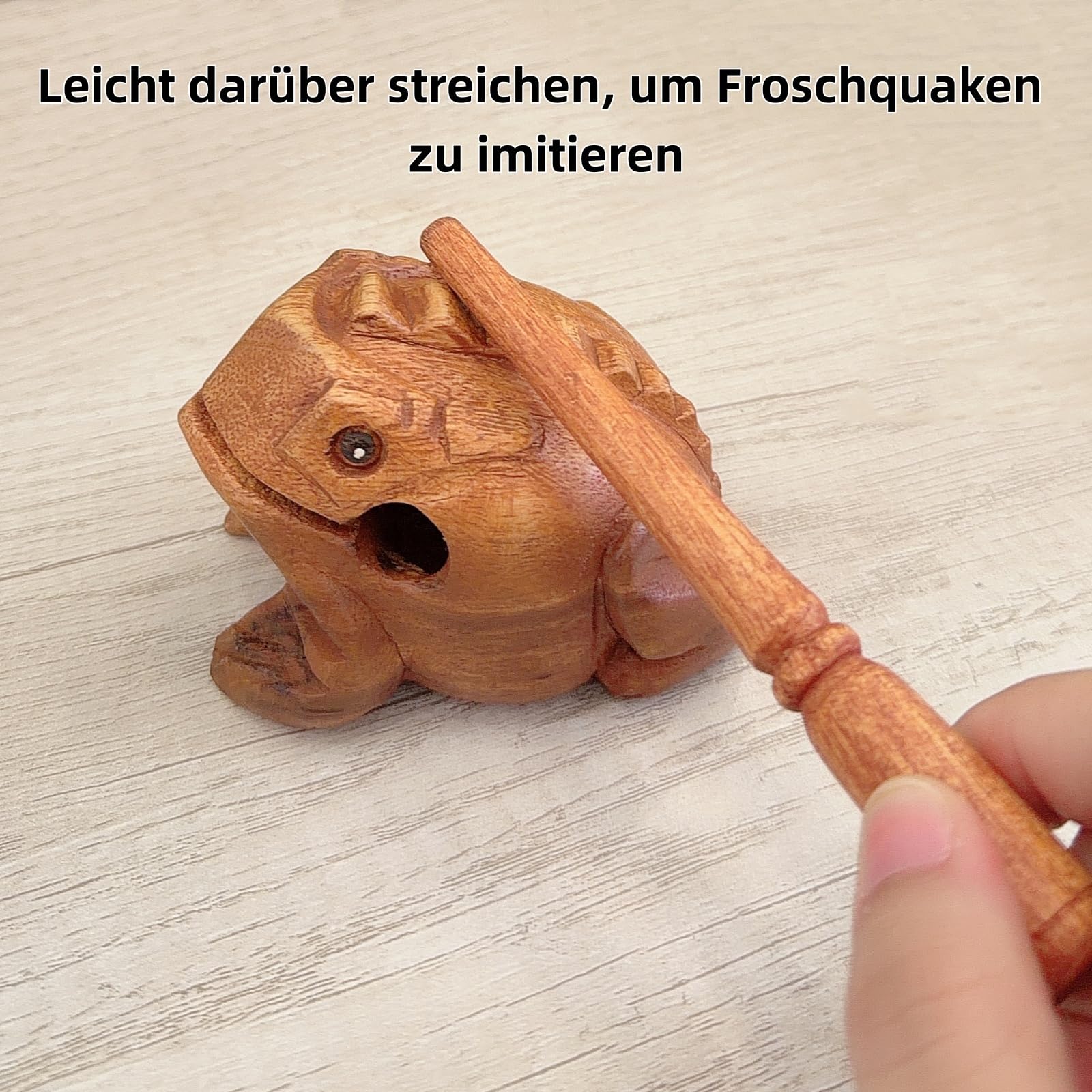 Drewniana żaba z pałeczką, ręcznie rzeźbiona żaba, ornamenty, ręcznie robiona muzyka, żaba, muzyka wokalna, żaba, instrument perkusyjny, zabawka (8,5 x 6 x 6 cm)