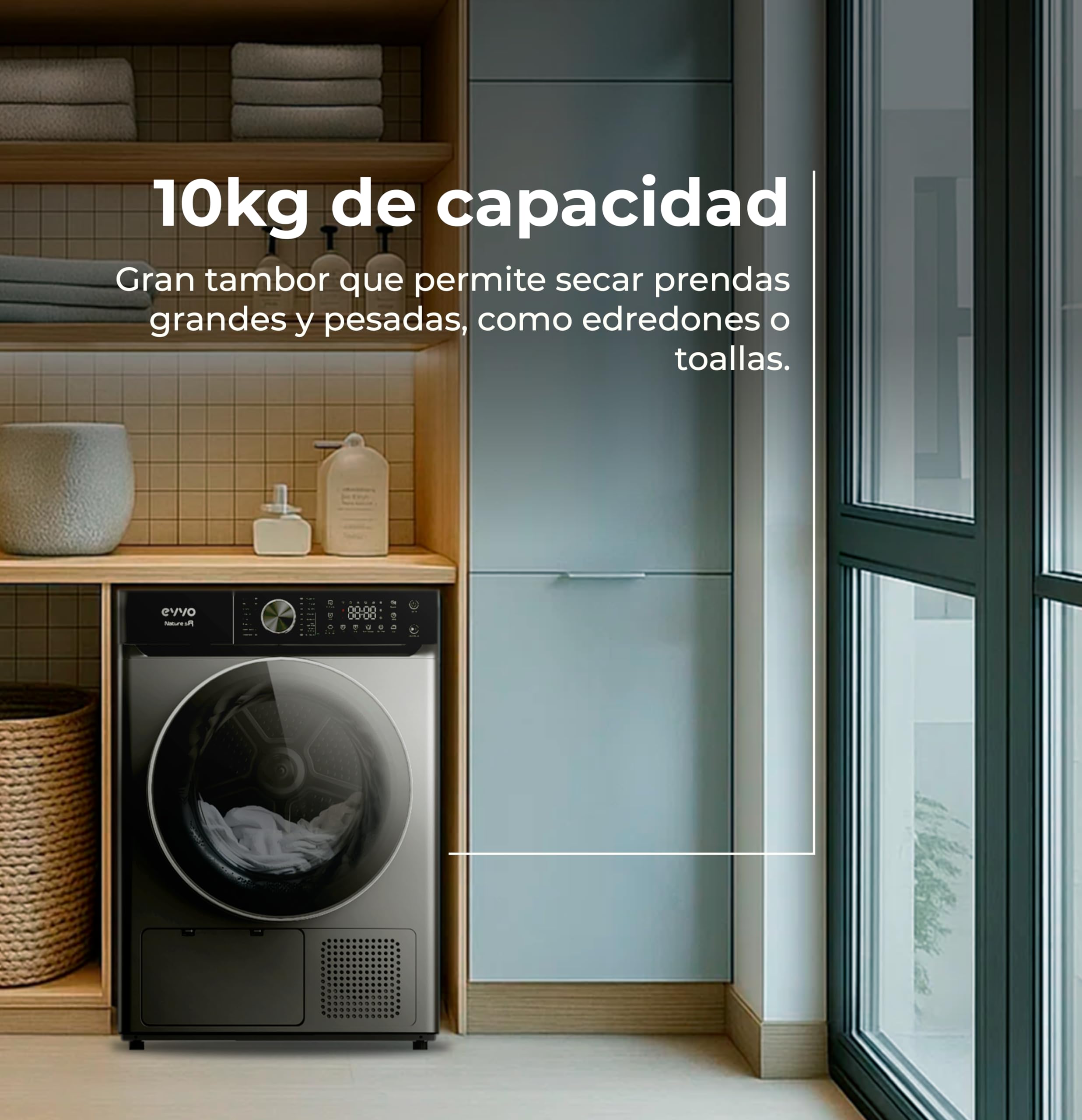 EVVO Secadora Bomba de Calor NATURE SR - Secadora Bomba Calor 10 kg, Eficiencia Energética E, Sensor de Humedad, Antiarrugas, 16 Programas, Inicio Diferido, Airfresh, Bajo Consumo Energético (Inox)