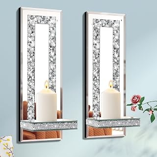 Crystal Crush Diamond Candle Holder Set of 2, Rectangle Stripe Silver Mirrored Wall Candle Sconces, Wall Decorations for Living Room, Dining Room, Bedroom