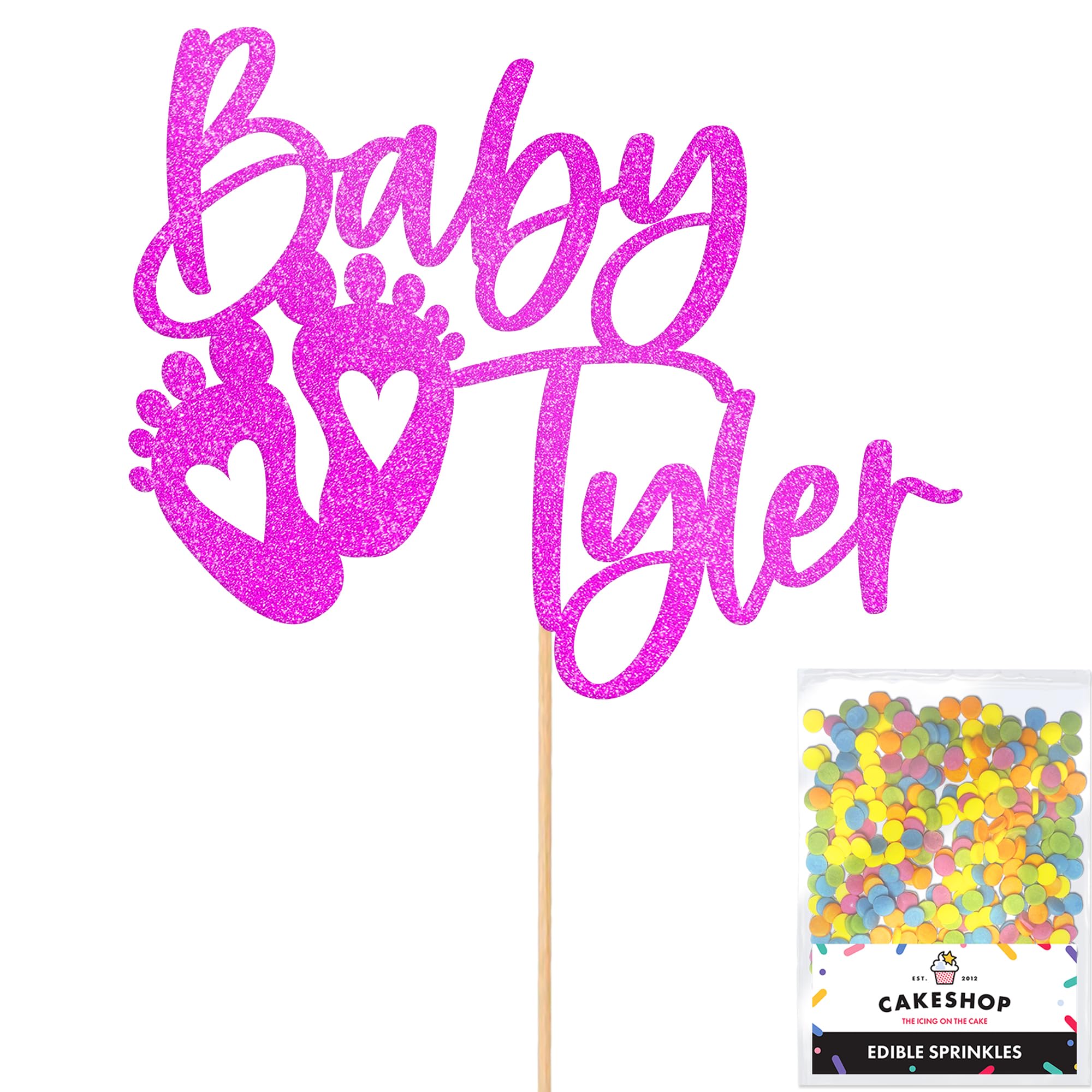 Cakeshop Personalised Baby Glitter Cake Topper With Sprinkles - Pink Custom Colour - Any Name - Double-Sided Glitter Card Cake Decoration - Custom Toppers for Cakes