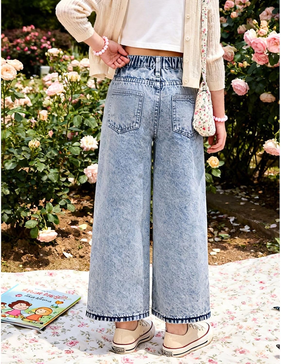 Girls Jeans Wide Leg Baggy Loose Denim Pants Y2K Elastic Waist Kids Trousers Streetwear Washed for 7-14 Years image 4