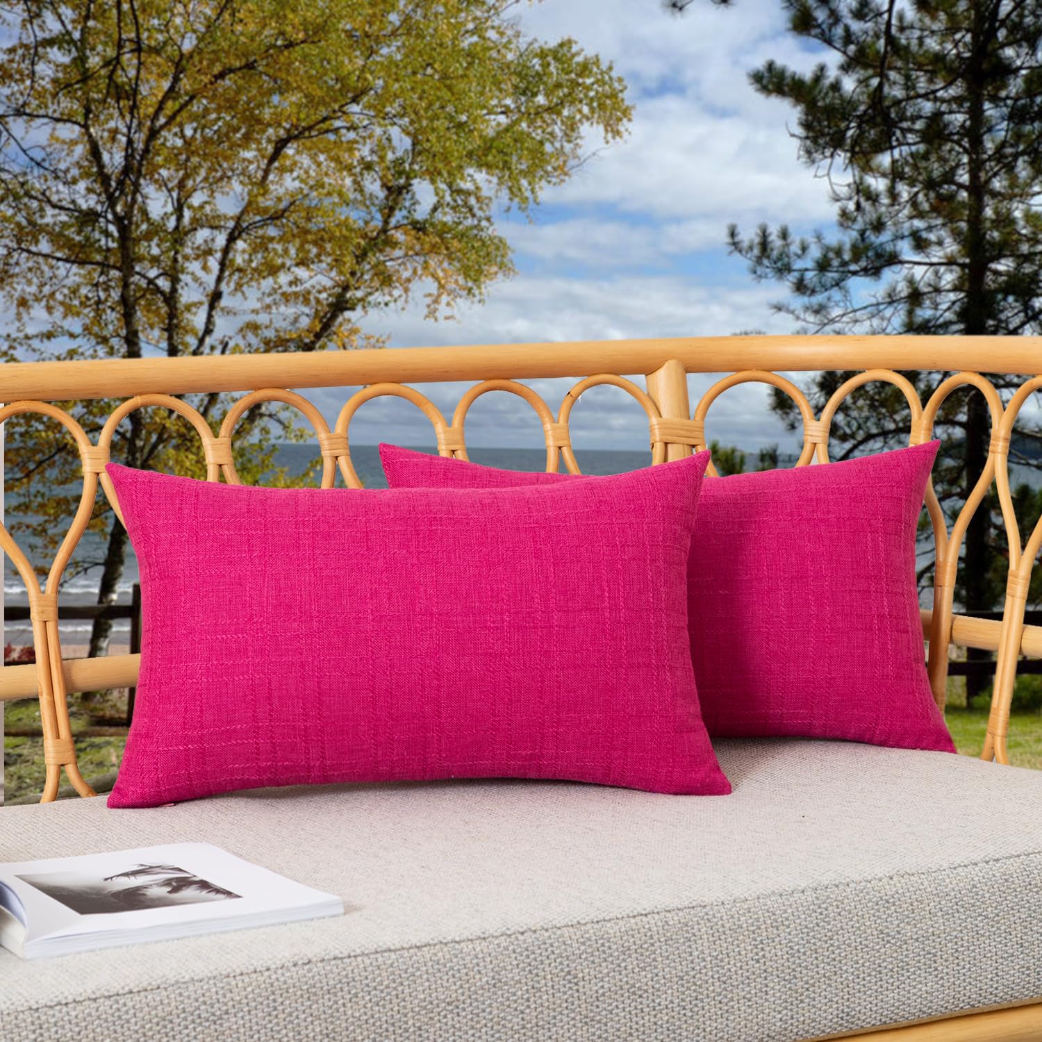 Kevin Textile Outdoor Waterproof Cushion Covers 30x50 cm Set of 2 Checkered Texture Faux Linen Water Resistant Seat Cushions Cover 12x20 Inch for Garden Patio Couch Sofa Chair Seats, Hot Pink