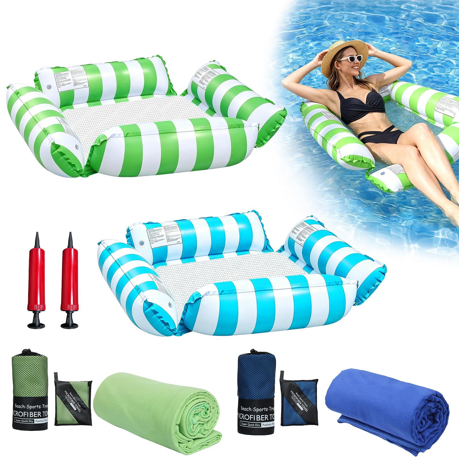 2 Pack Inflatable Pool Floats for Adults, 4-in-1 Water Hammock Lounge Chair Set with 2 Air Pumps & Microfiber Towels, Pool Float Hammock Chair, Floating Mattress for Beach, Lake, Vacation