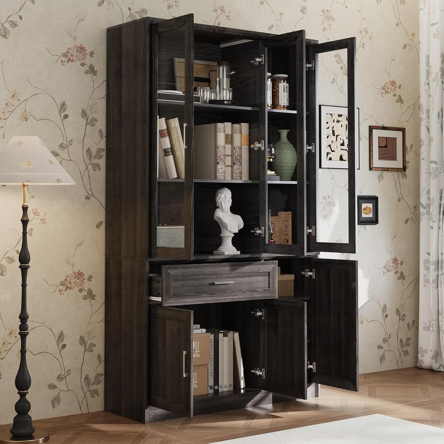 FAMAPY Display Cabinet with all doors and drawer open, showing interior storage