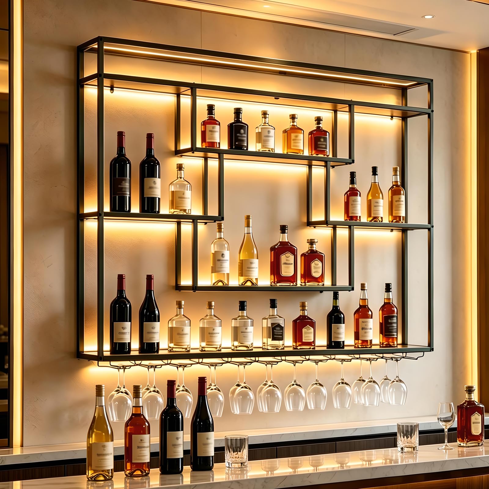 KEPMOGOH Wine Rack Wall Mounted with LED Light, Industrial Metal Wall Bar Rack with Glass Holder, Large Wine Glass Rack Wall Mounted, Suitable for Restaurants and Home Bars (100 * 120 * 20cm)