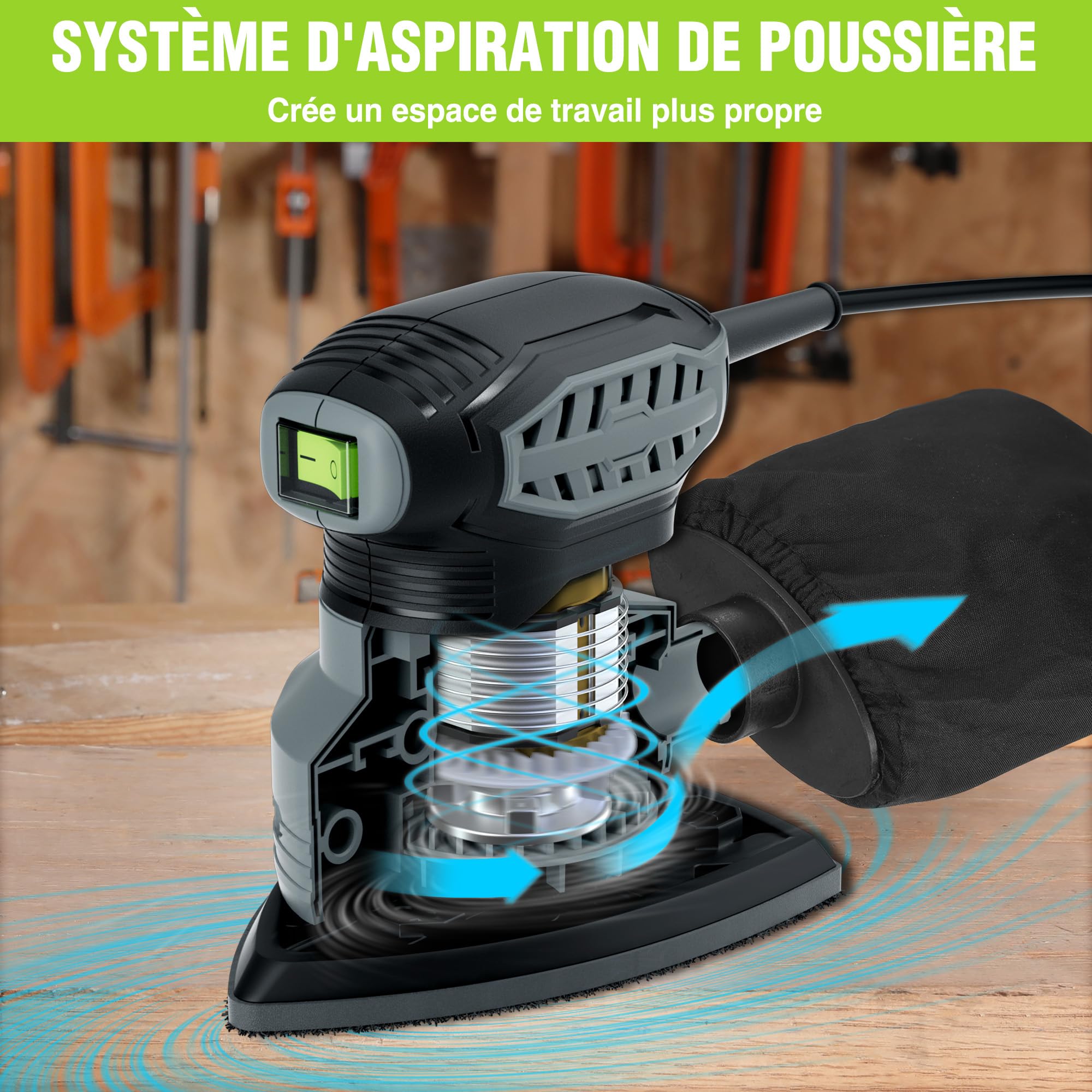 WORKPRO Ponceuse Delta Électrique 130W avec Aspiration de Poussière, 13000 tr/min, Ponceuse Triangulaire avec 20 Feuilles Abrasives, Ponceuse d’Angle pour Bois, Métal et Polissage