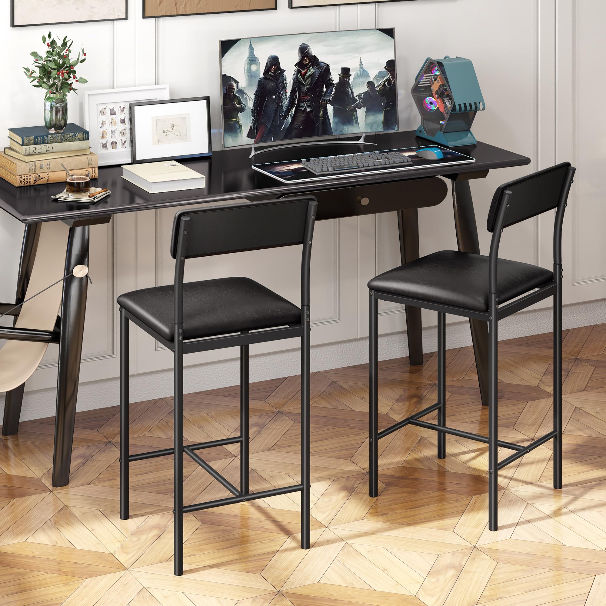 YITAHOME Barhocker Set von 2, Hochhocker mit gepolstertem Sitz und Rückenlehne, industrielle Barhocker für Küche/Esszimmer, Barstühle mit ergonomischem Fußstützen, schwarz
