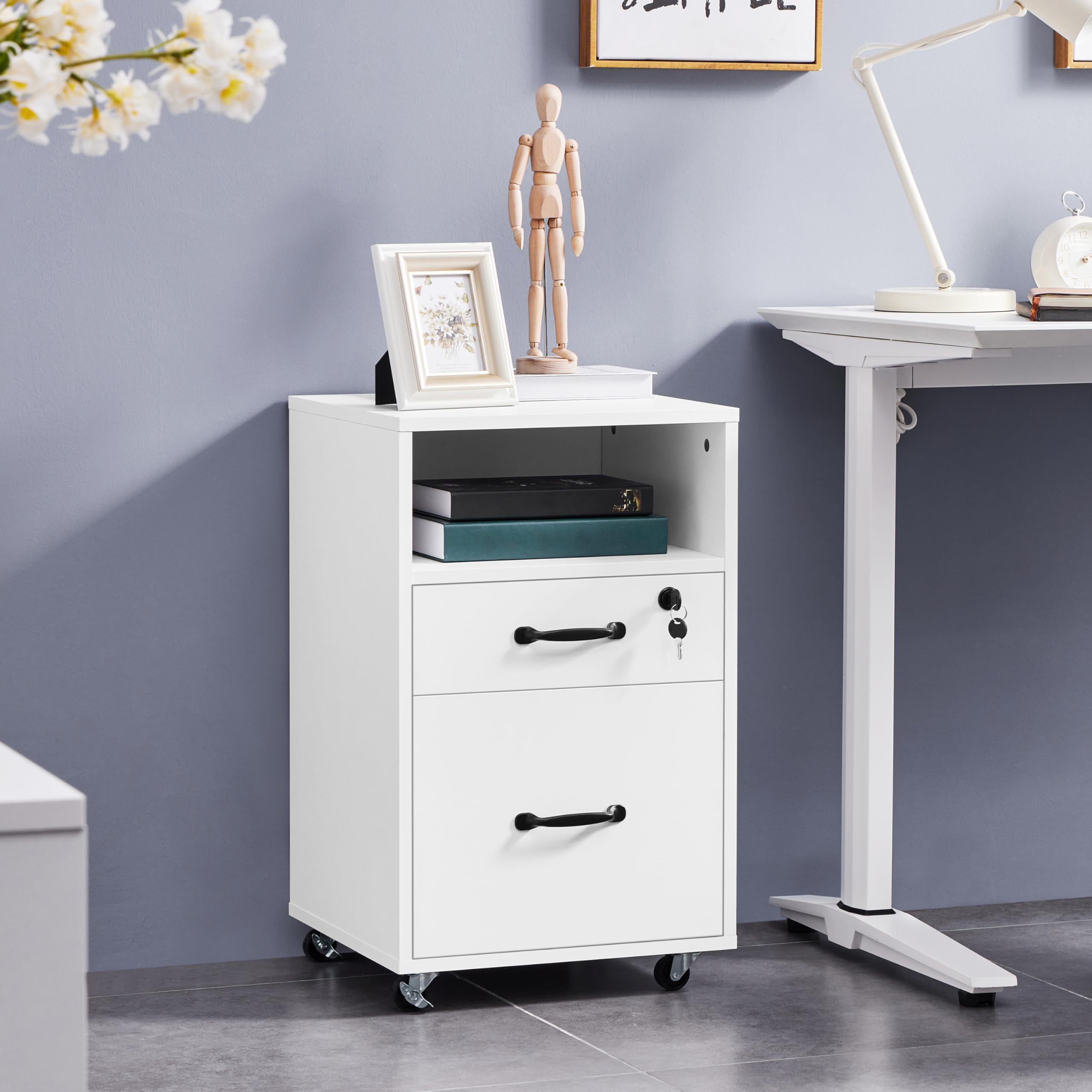 Yaheetech Armadietto da Ufficio e Studio Schedario da Archivio con 2 Cassetti e Ruote Mobile con Ripiano Aperto 40 x 40 x 65,5 cm Mobiletto Portadocumenti A4 Bianco