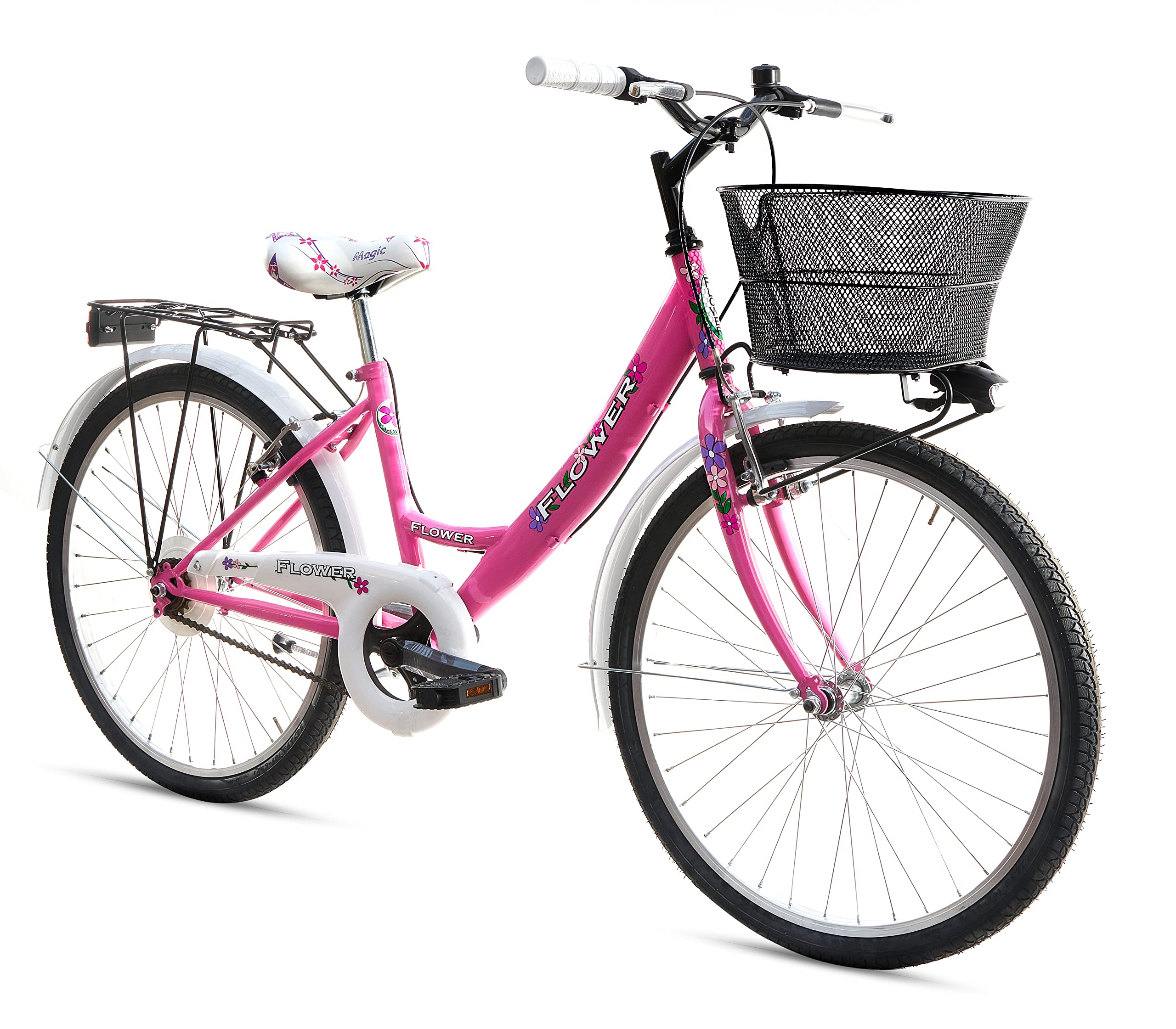MADICKS Bicicletta Bambina Ragazza da Passeggio Misura 24 Bici con Cestino Floreale Rosa Bianca