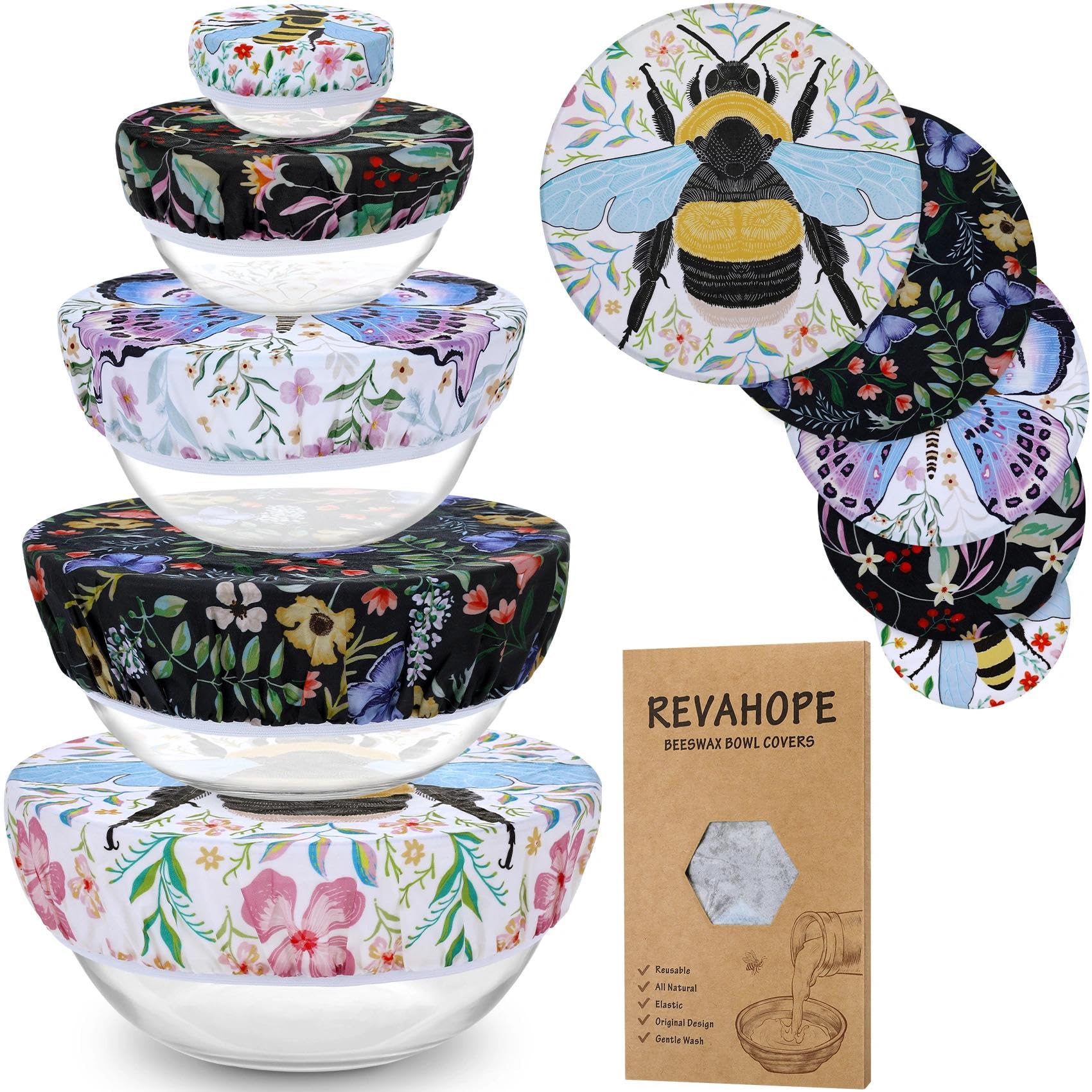 5-Size Reusable Beeswax Bowl Covers for Bread Proofing, Cotton Cloth Flexible Beeswax Wraps for Food Storage(Honeybee)