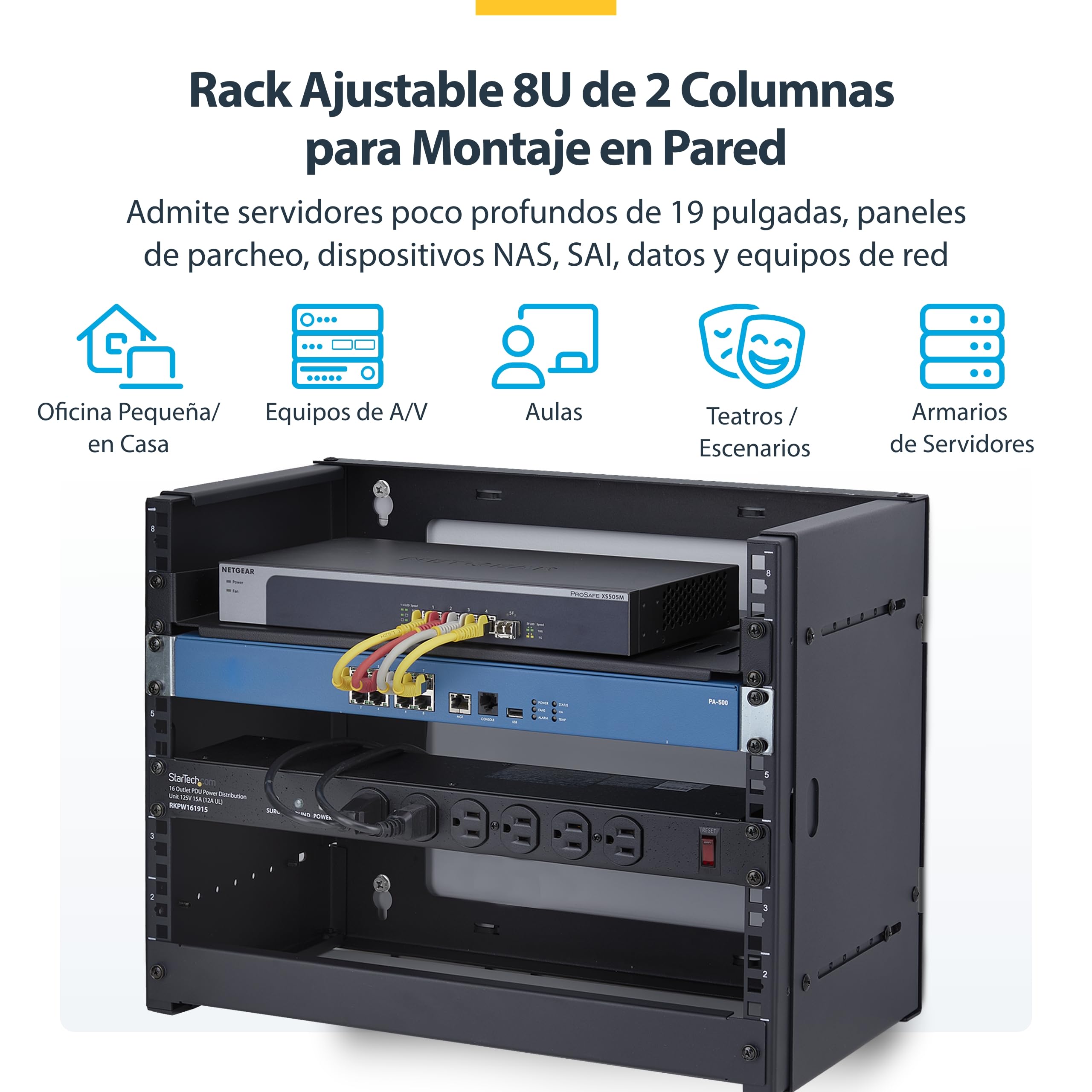 StarTech.com Rack de Pared 8U de 2 Columnas - Ajustable hasta 40,64cm - Bracket Mural de 19" para Servidores - Máximo de 40kg