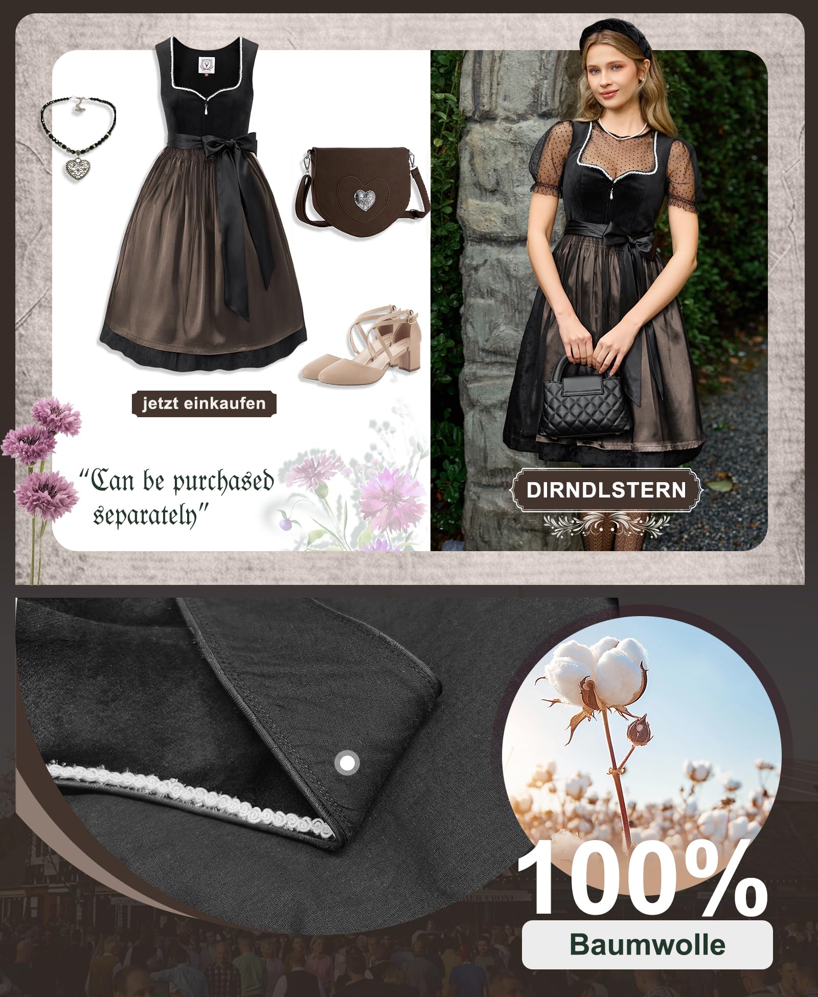 DIRNDLSTERN Trachtenkleid Damen Schwarz - Samt Midi Oktoberfest Outfit Dirndlkleid mit Jacquard 2026