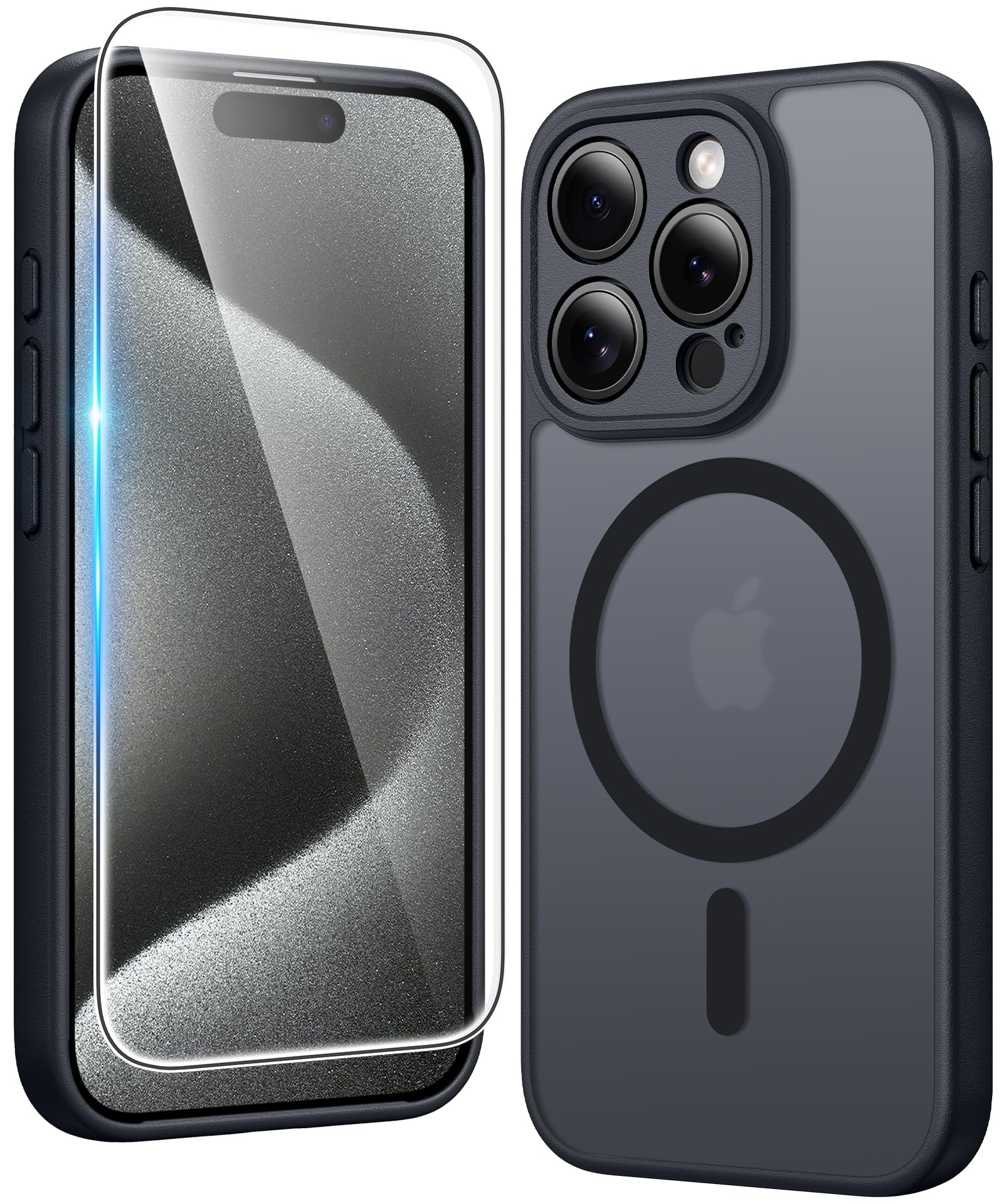 FNTCASE for iPhone 15 Pro Case Compatible with Magsafe Matte Phonecase | Screen Protector, Military Grade Drop Protection, Slim Magnetic Phone Cases, Shockproof Bumper, Translucent Cell Cover