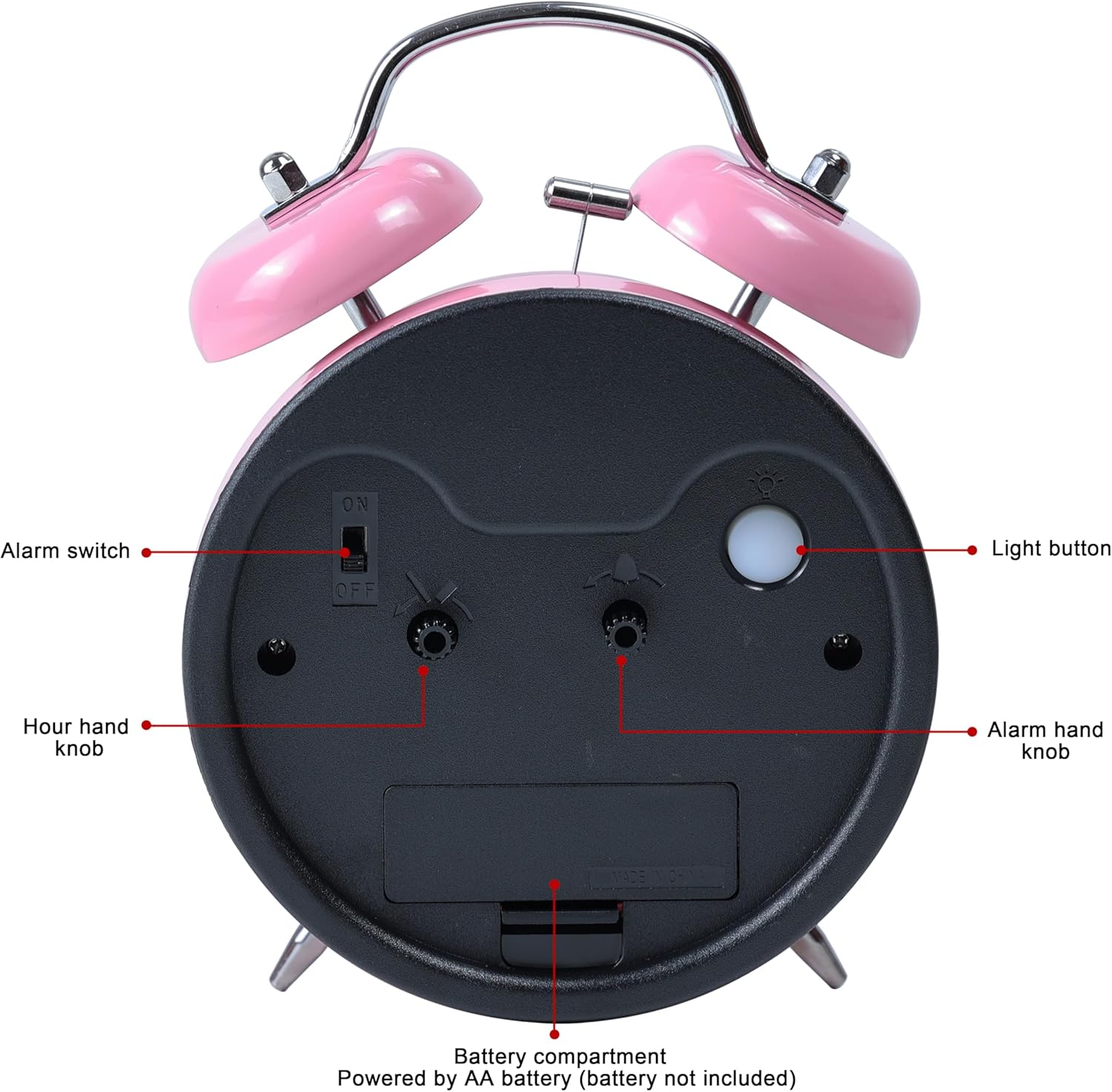 AYRELY® Super Loud Twin Bell Alarm Clock for Heavy Sleepers Adults, 4-Inch Retro Silent Non-Ticking with Night-Light, 3D Raised Number Dial, Battery Operated for Bedroom Bedside (3D Dial – Pink)