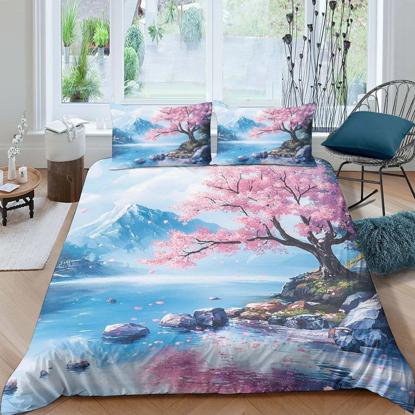 Ctjqhvkz Style-4 3D Printed Sakura Blossom Fitted Sheet Microfiber Soft Blue Mountain Lake Bed Cover Non-Slip Machine Washable Decor Single（135X200cm）