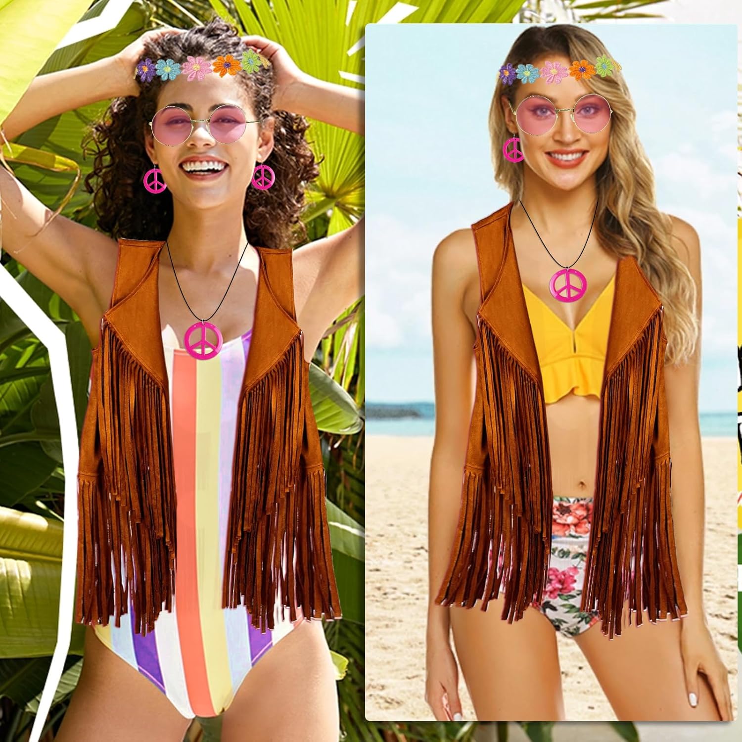 FunMular 60s 70s Outfits for Women Disco Hippie Costume Clothes Woman Peace Sign Earring Headband Fringe Vest Tassel Cardigan - Image 7