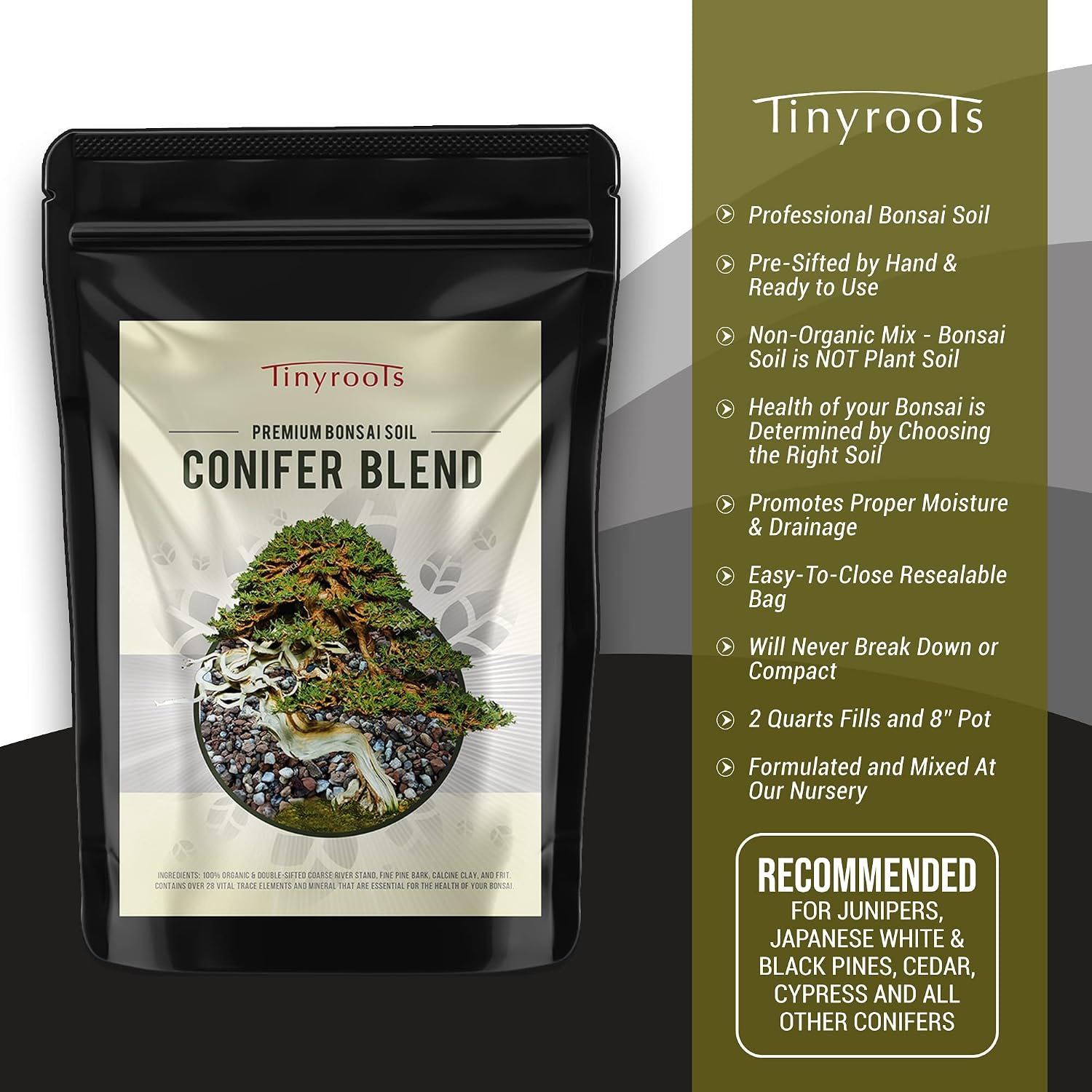 Tinyroots Conifer Bonsai Soil Blend – 2.5 Gallons - Frmulated and Pre-Mixed for Junipers, Japanese Black Pines, White Pines, Cedar, Cypress and All Other Conifers