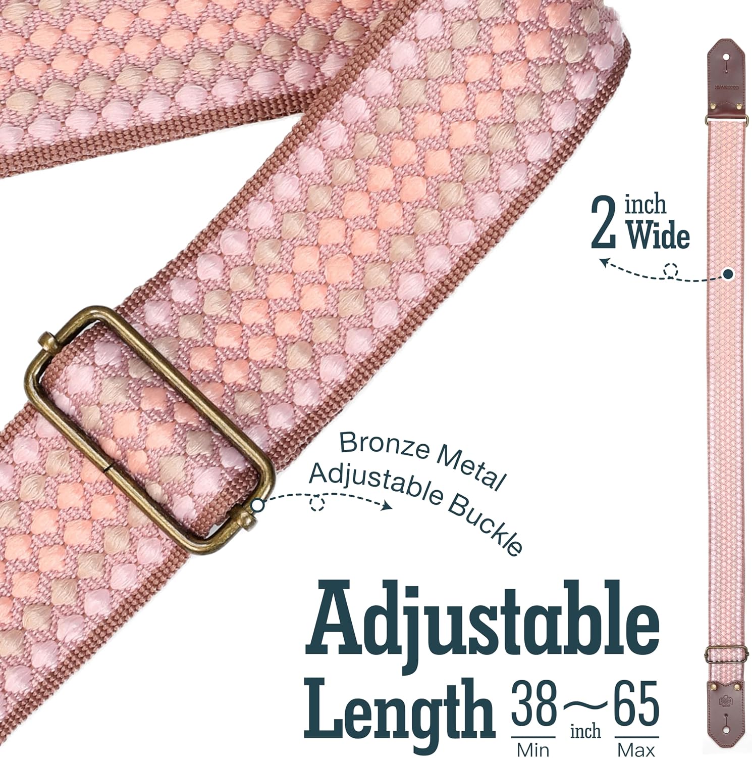 Pink Guitar Strap - 2" Wide Thick Cowhide Ends,Safety & Durable Guitar Straps with Adjustable Cotton Strap and Leather Headstock Strap for Acoustic,Electric&Bass Guitars,Guitarist Gift Set image 4