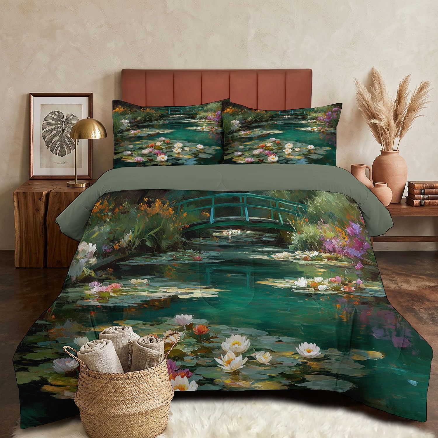 Zen Style Comforter Set King Size, Pond Water Lilies Bedding Set for Girls Boys, Blue-Green Quilt Bed 104"X90" Bedding Comforter Sets with 2 Pillowcase Room Decor
