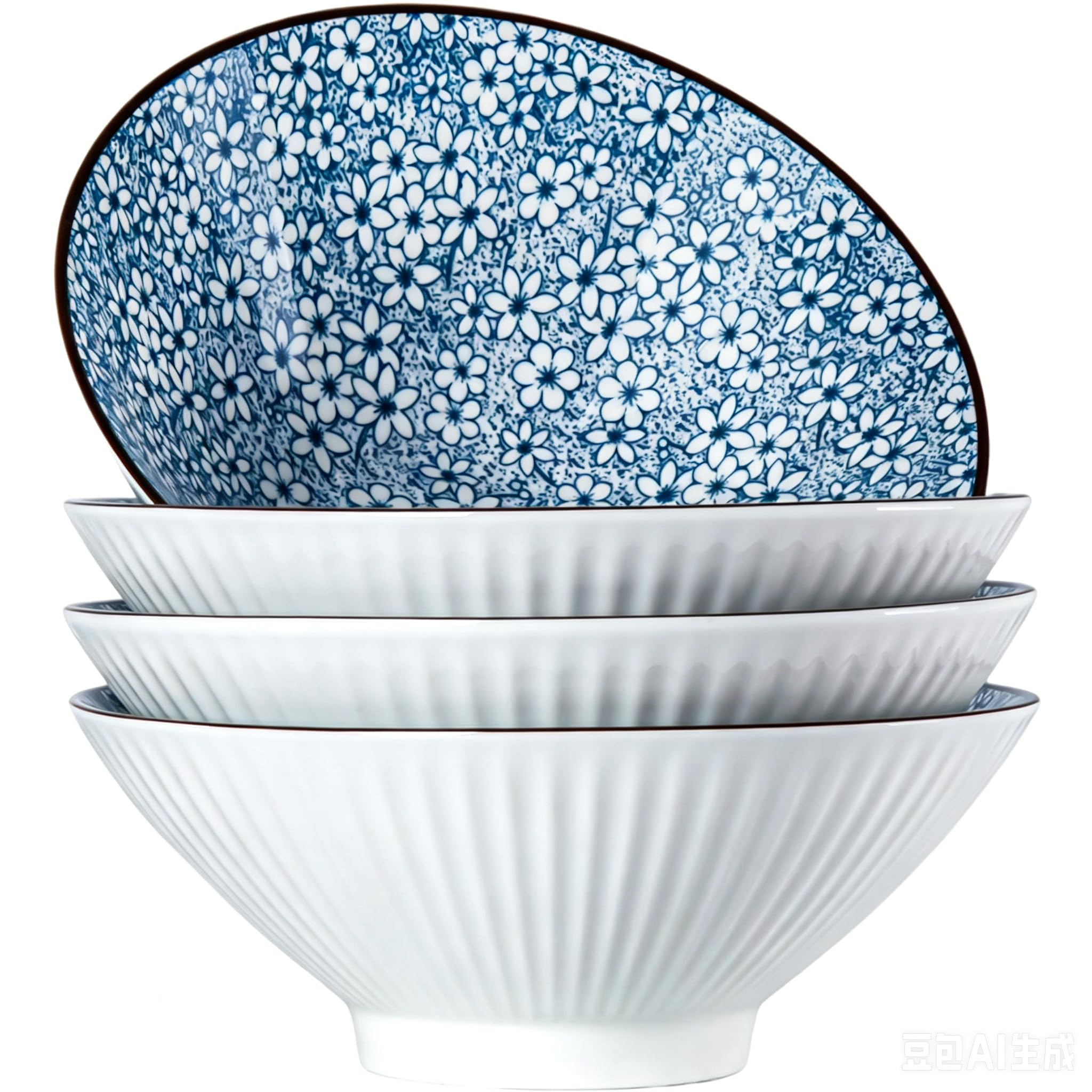 Lot de 4 bols à ramen japonais de 1 077,3 g – Grands bols à soupe en céramique de 20,3 cm, bols à nouilles japonais bleus et blancs pour Pho, ramen et céréales – Motifs floraux en fleurs de