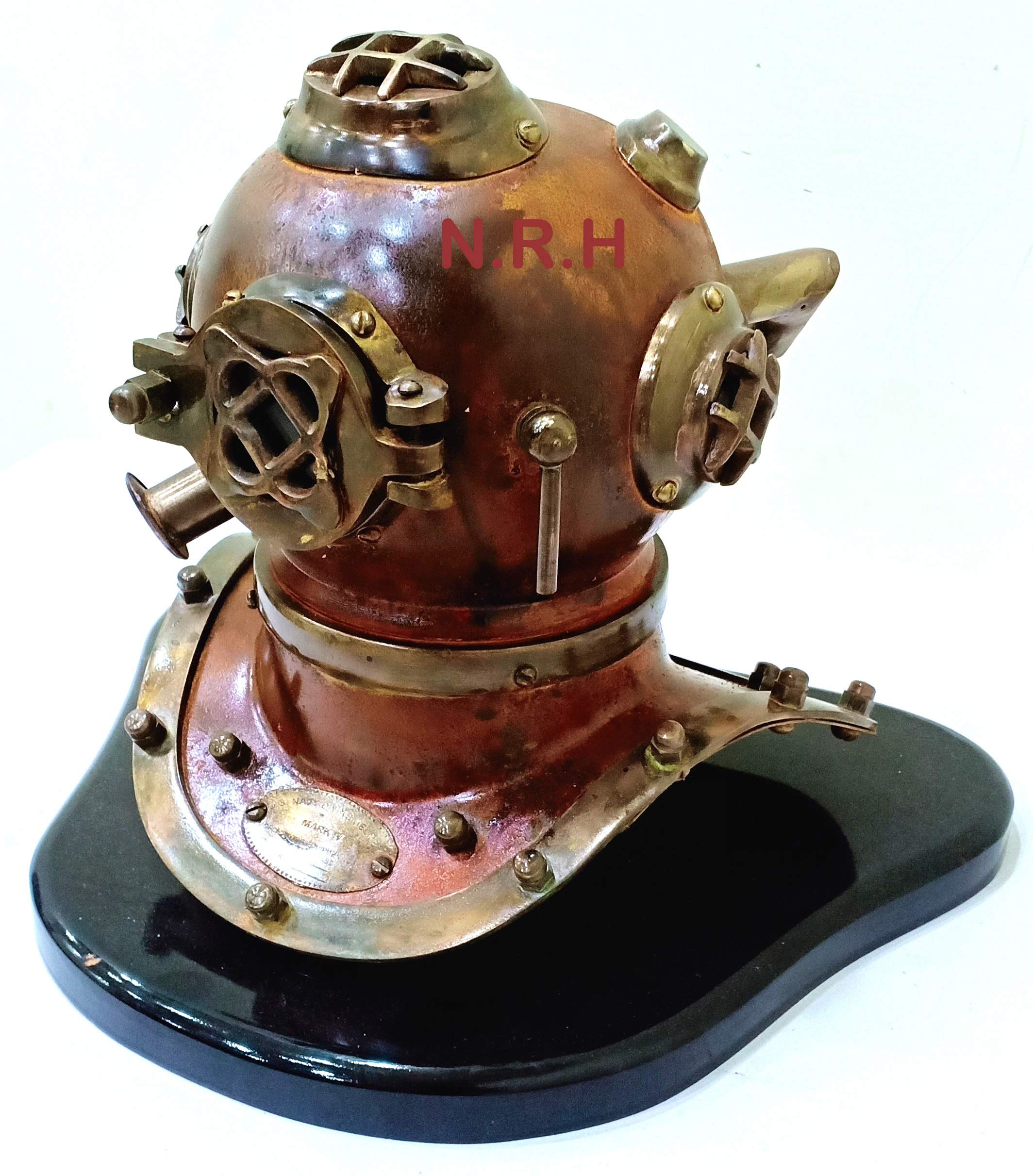 Tauchhelm für Tauchtaucher, aus massivem Stahl, Kupfer, Antik-Optik, 15,2 cm, mit Holzsockel