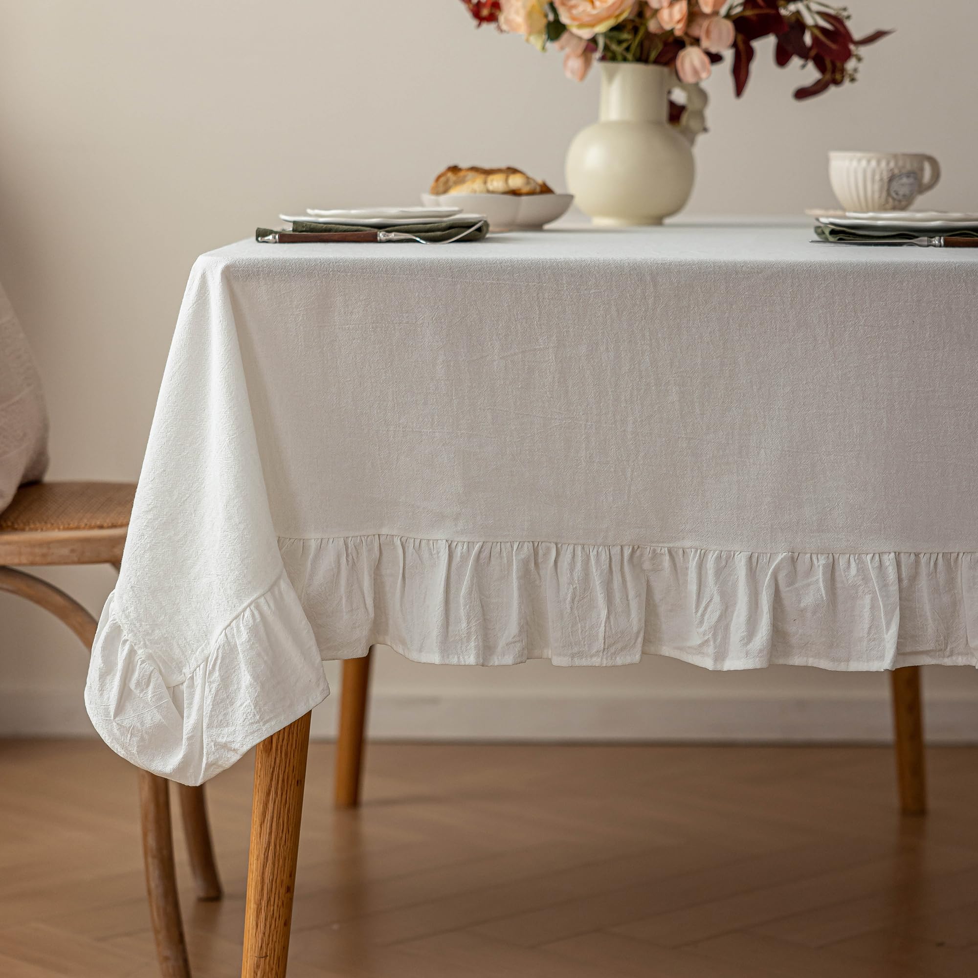 Photo 1 of Cotton Tablecloth 60" × 120" Ruffle Trim Table Clothes Washable Rectangle Fabric Table Cloth Kitchen Dinning Tabletop Decoration for Party Wedding Events Holiday - White, 10-12 Seats