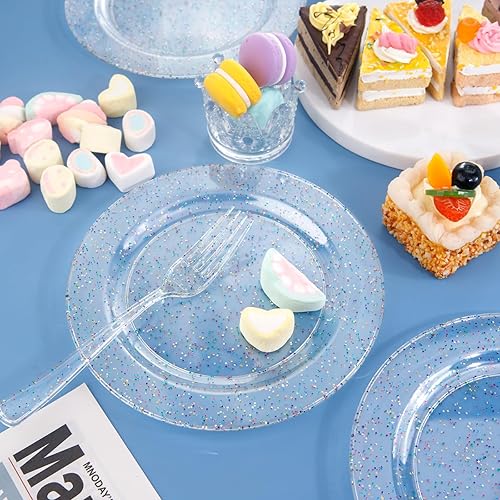 Miniatura 8 de Liacere 100 platos de plástico con purpurina de colores, transparentes, platos de postre de 7.5 pulgadas, plato de plástico con purpurina perfecto