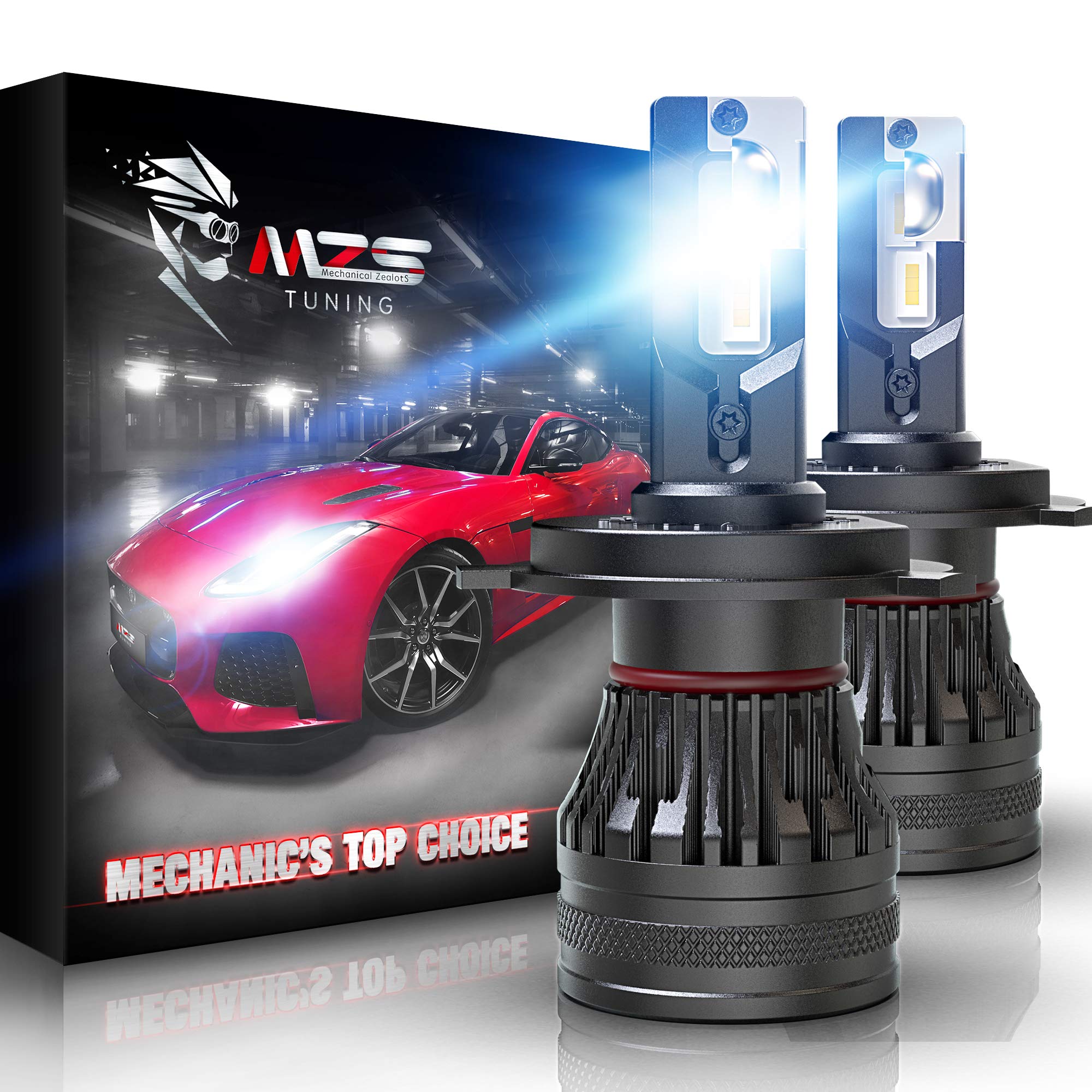 MZS H4 LED Headlight Bulbs, 10000LM 60W 9003 Lights Conversion Kits Cool White Super Bright Dual With MINI Fan 6500K Halogen Replacement 360 Degree Adjustable - Pack of 2