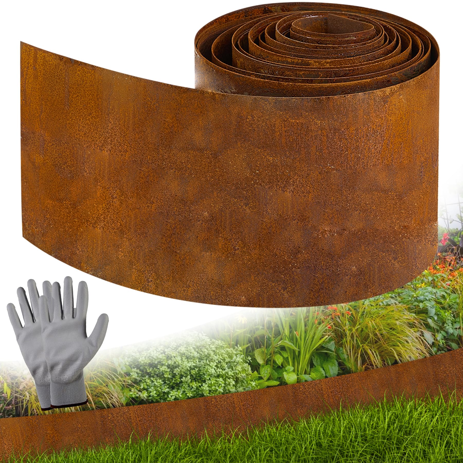 Vehipa Borde de césped de Acero corten, 5 m de Longitud, 14 cm de Altura, Borde de césped de Acero corten, Cinta para Bordes de césped con óxido, Incluye 1 par de Guantes