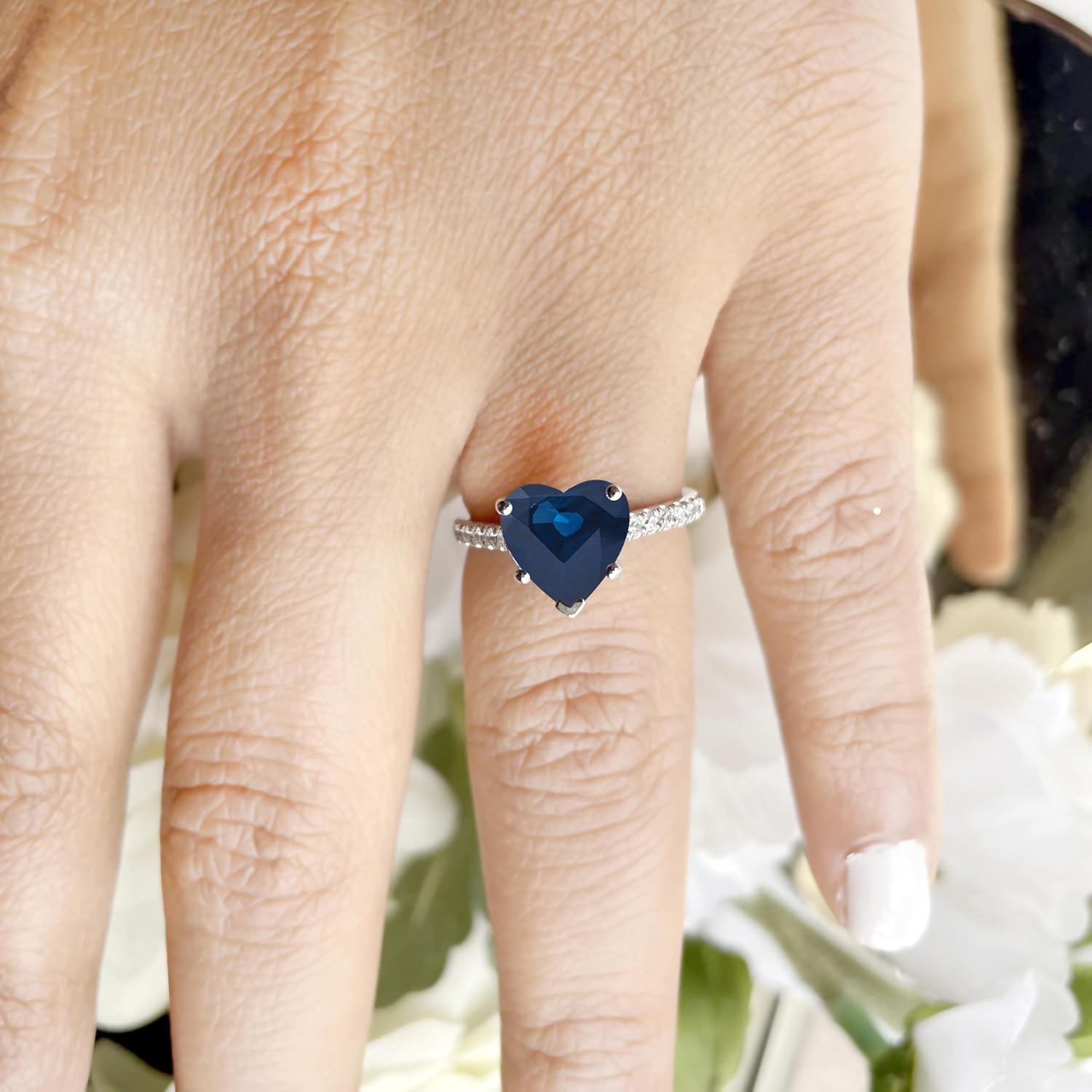 1 Carat Heart Cut Blue Sapphire & Diamond Twisted Solitaire With Accent Engagement Ring For Women, 14K Gold Plated 925 Silver September Birthstone Swirl Bypass Bridal Side Stone Ring