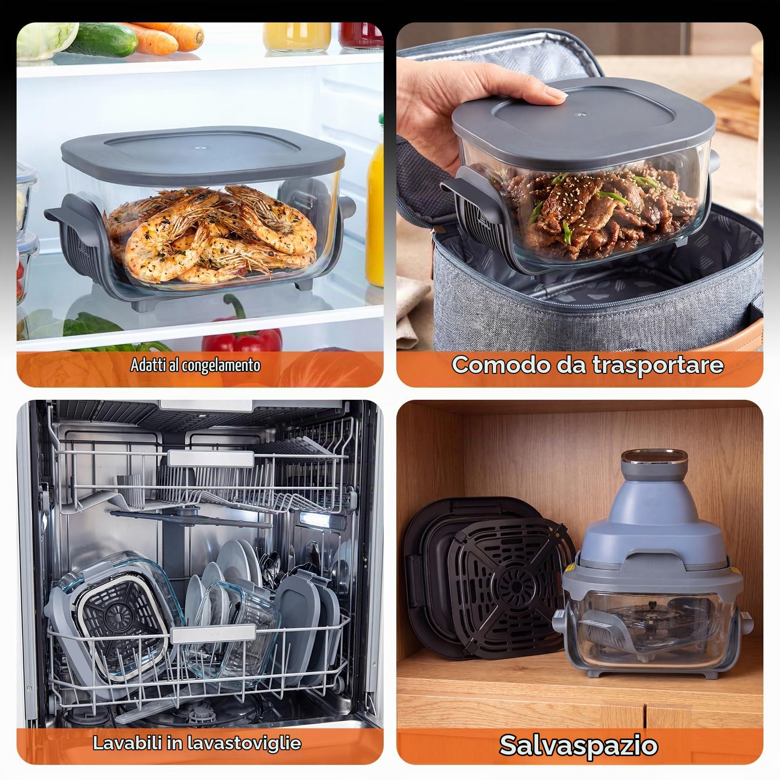 LIFEZEAL Friggitrice ad Aria 4L, 1500 W, 6 programmi, Friggitrice Aria con 2 Contenitori Vetro Rimovibili, Timer, Accessori Lavabili in Lavastoviglie, Portatile per Cucina Casa, Camping (Blu)