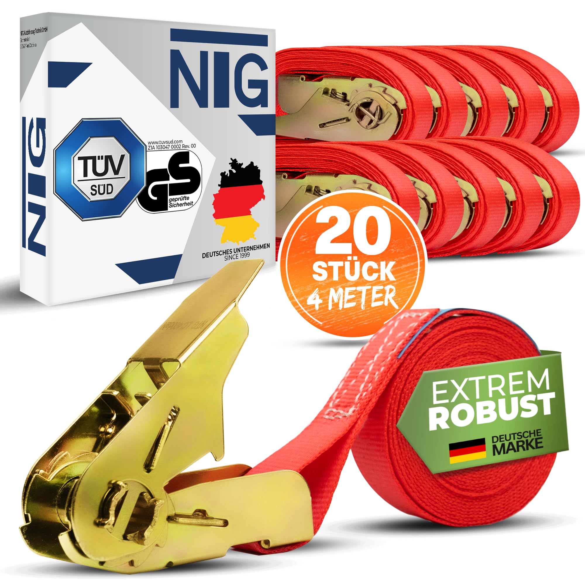 NTG Spanngurte mit Ratsche 800 kg 4 m 20 Stück - 25 mm TÜV GS Zertifiziert | Stabile wetterfeste Zurrgurte Ratschengurte nach DIN EN 12195-2 - Ladungssicherung für LKW Anhänger Transporter