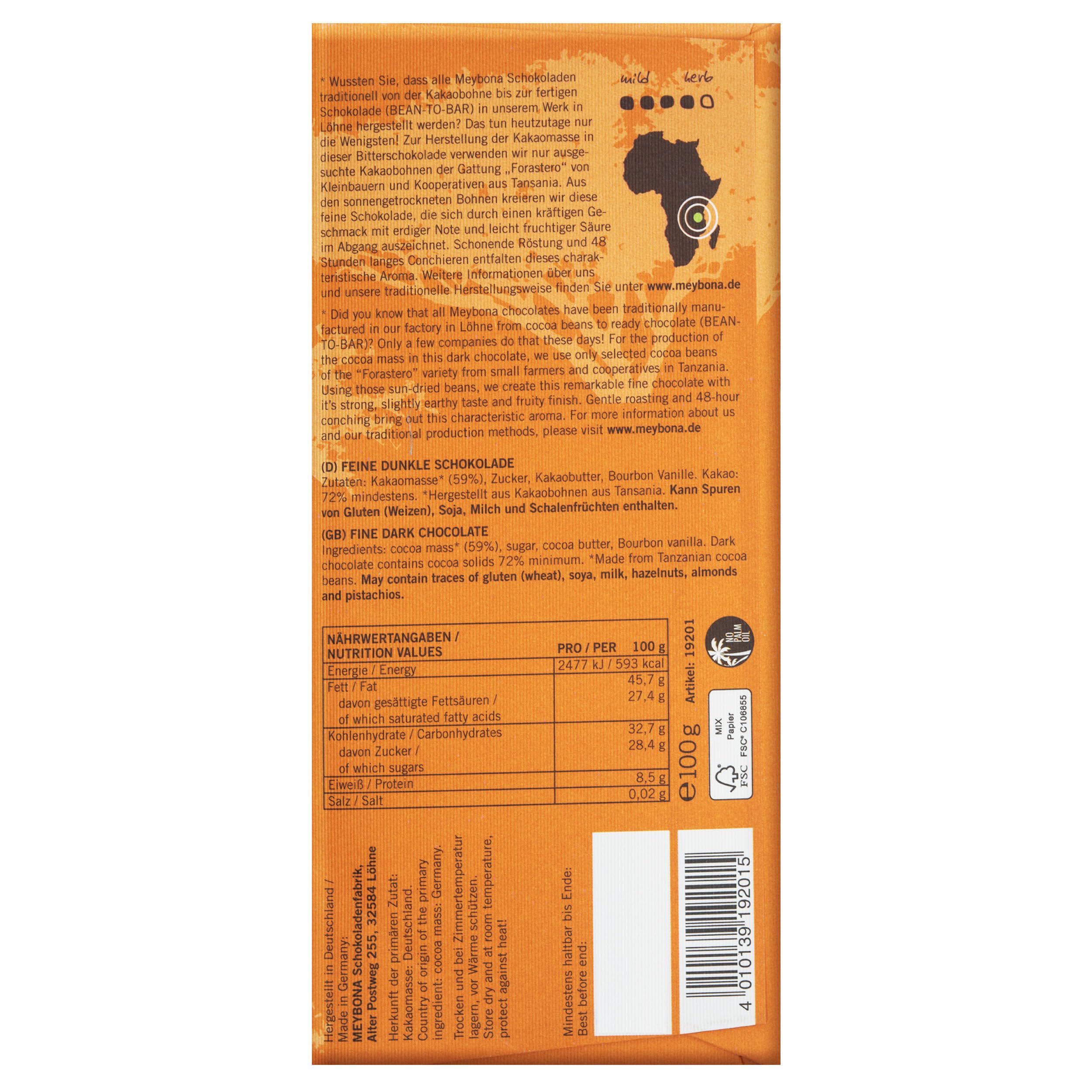 Meybona Urspungs-Schokolade Zartbitter | Tanzania | 72% Kakao | 10x100g | Single Origin, Edelkakao-Schokoladen, Tafelschokolade, ohne Fremdfette, 72% Kakao, Bean-to-Bar, beliebtes Mitbringsel