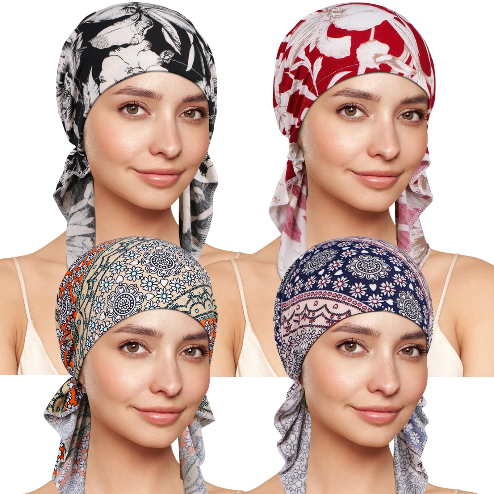 TSKNOMO4 Pcs Chemo Headwear for Women, Pre-Tied Head Scarf Cancer Headwear for Hair Loss