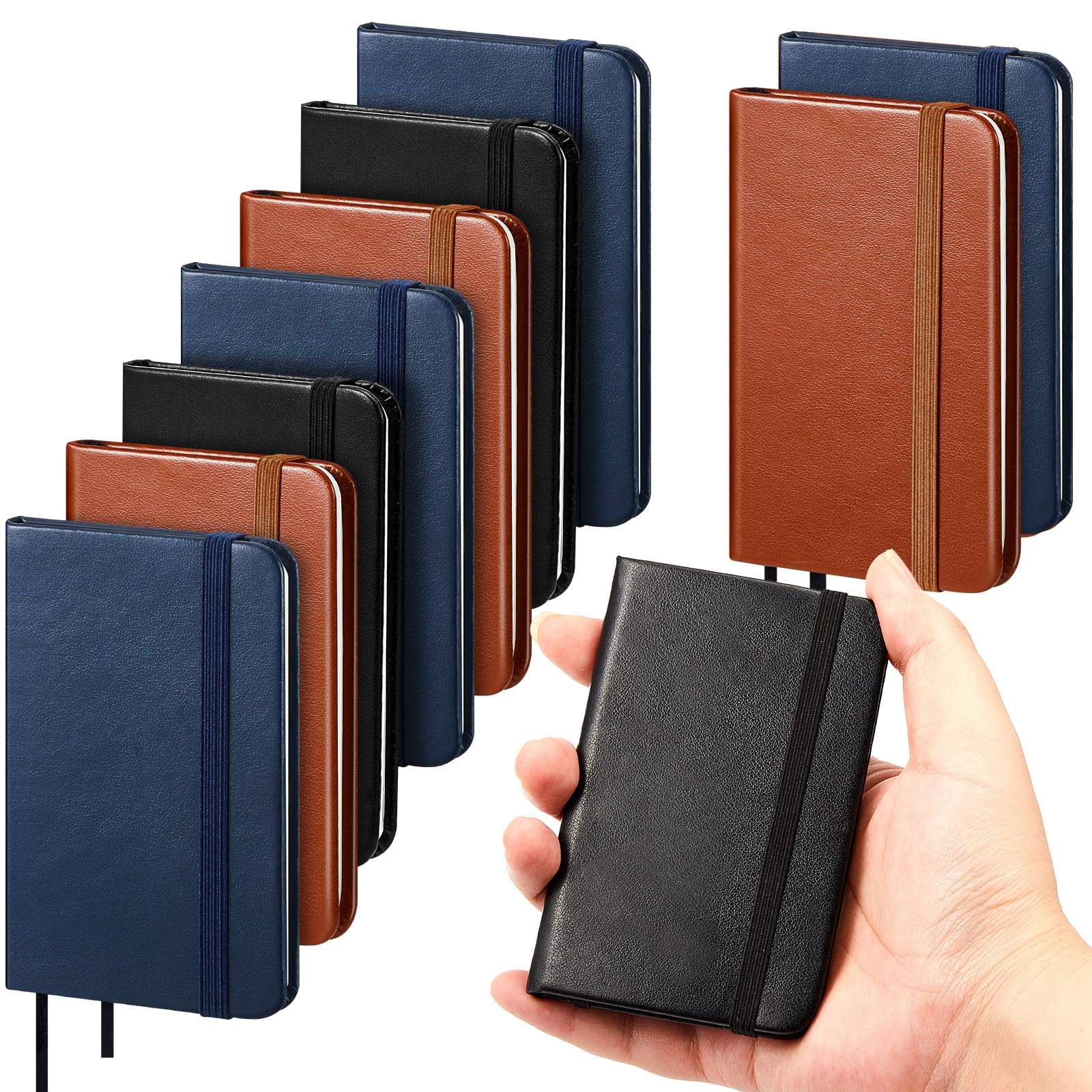 Qeeenar 10 Pcs Mini Black Brown Blue Leather Pocket Notebook Bulk, 4 x 2.5 Inch Small Journal Note Book, 50 Sheets Hardcover Tiny Notepad Lined for Office Home School Writing Supplies