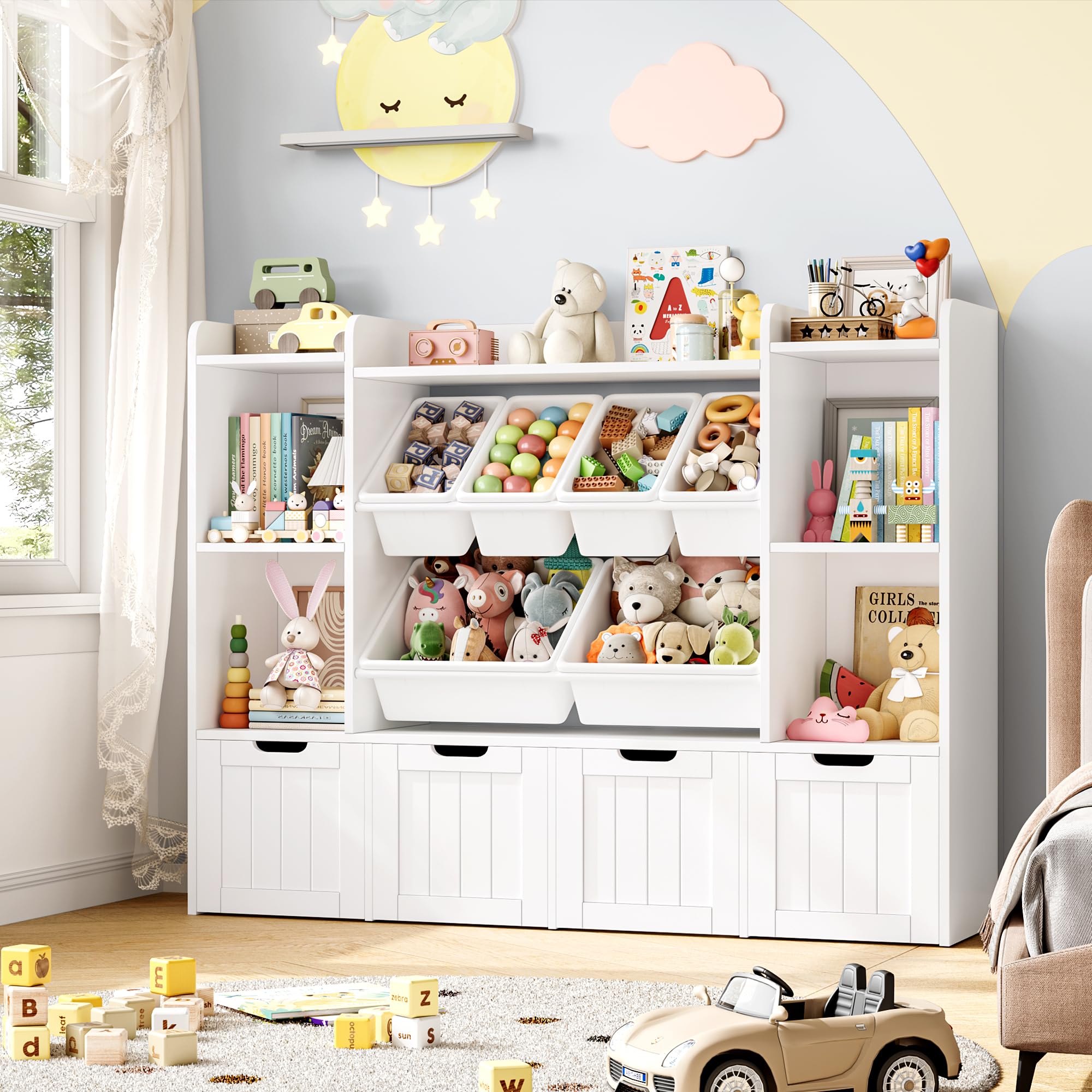 FOREHILL Scaffale per Giocattoli con Cassetti su ruote 140x30x106cm Bianco | Scaffale Portagiochi bimbi con 6 Scatole Rimovibili,Archiviazione per Peluche,Altezza adatta bimbi,Per Camerette, Sale Giochi