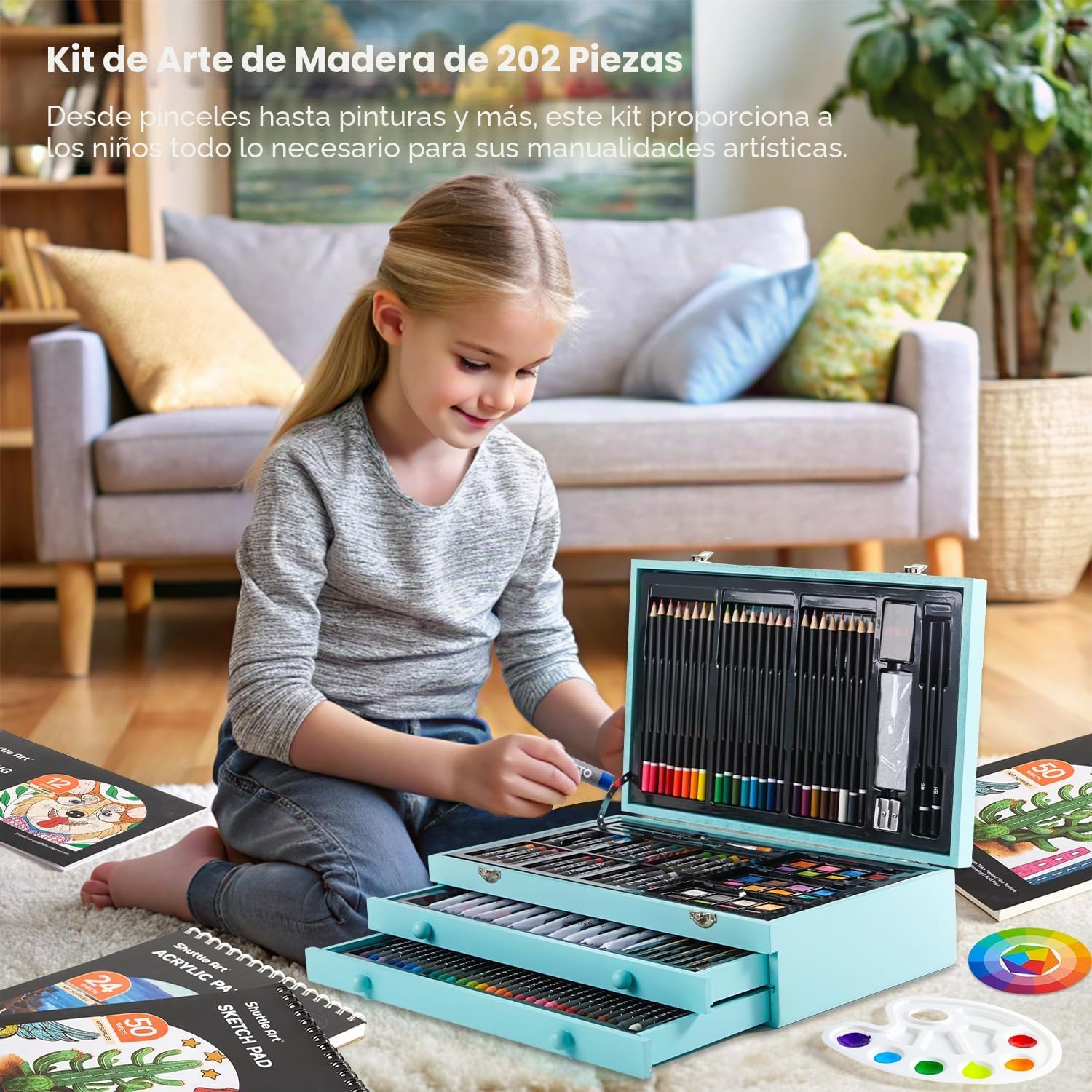 Shuttle Art 202 Piezas Maletin Pinturas, Estuche Pinturas con 4 Bloc de Dibujo, Lienzo, Pintura Acrílica, Lápices de Colores, Lápices de Cera, Pasteles, Kit Pintura para Niños Adultos, Teal (cerceta)