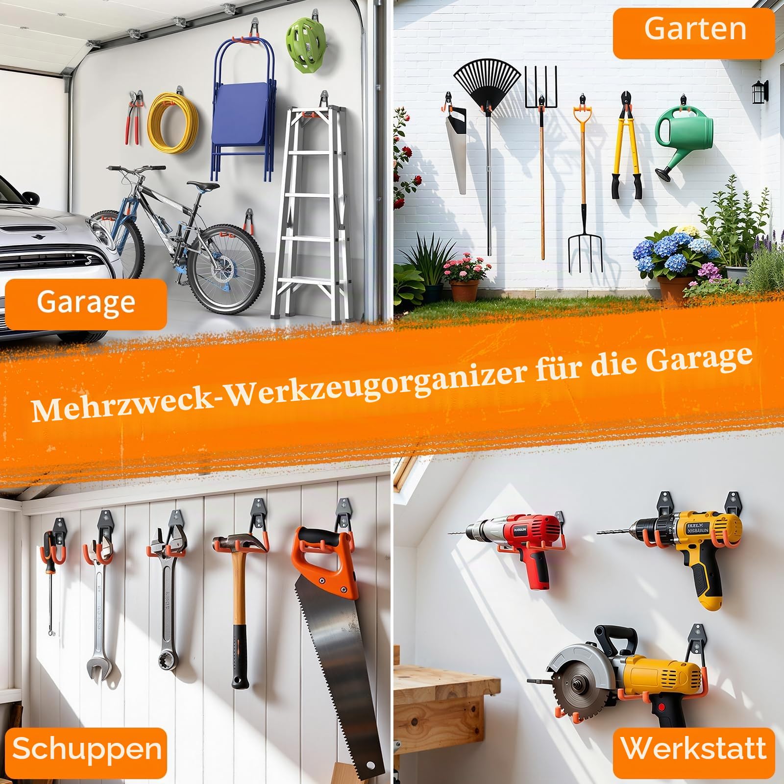 Housolution Stahl-Garagenhaken-30 Stück rutschfeste Beschichtung Hochleistungs-Wandhaken für Fahrräder Gartengeräte Leitern Schläuche Sperrgut Seile Garagenwerkzeugorganizer mit Kabelwickler, Orange