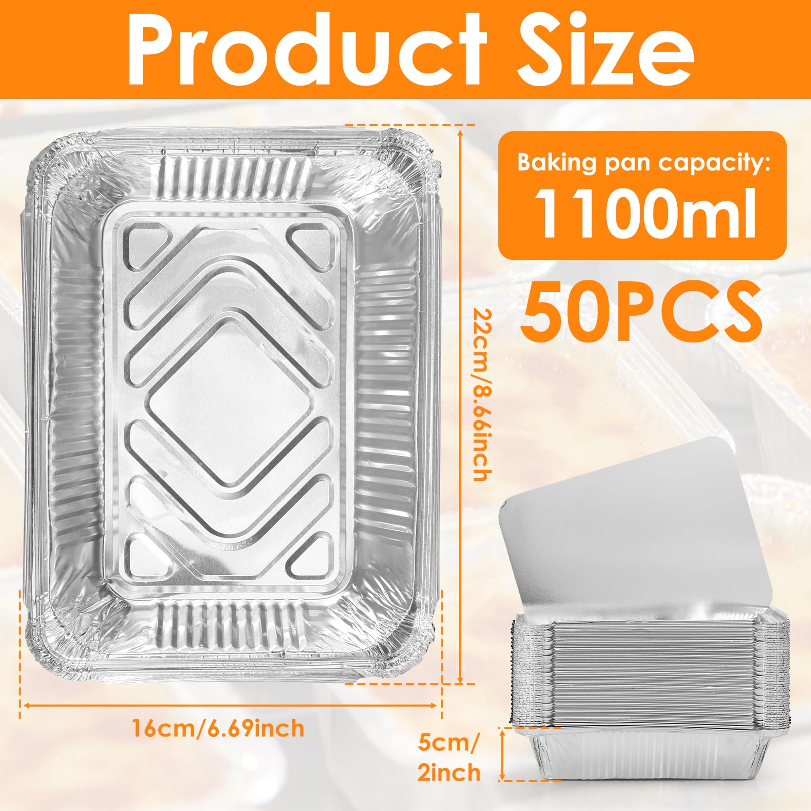Eummy Lot de 50 plateaux rectangulaires en aluminium avec couvercles - 22 x 16 cm - Pour friteuse à air comprimé et four