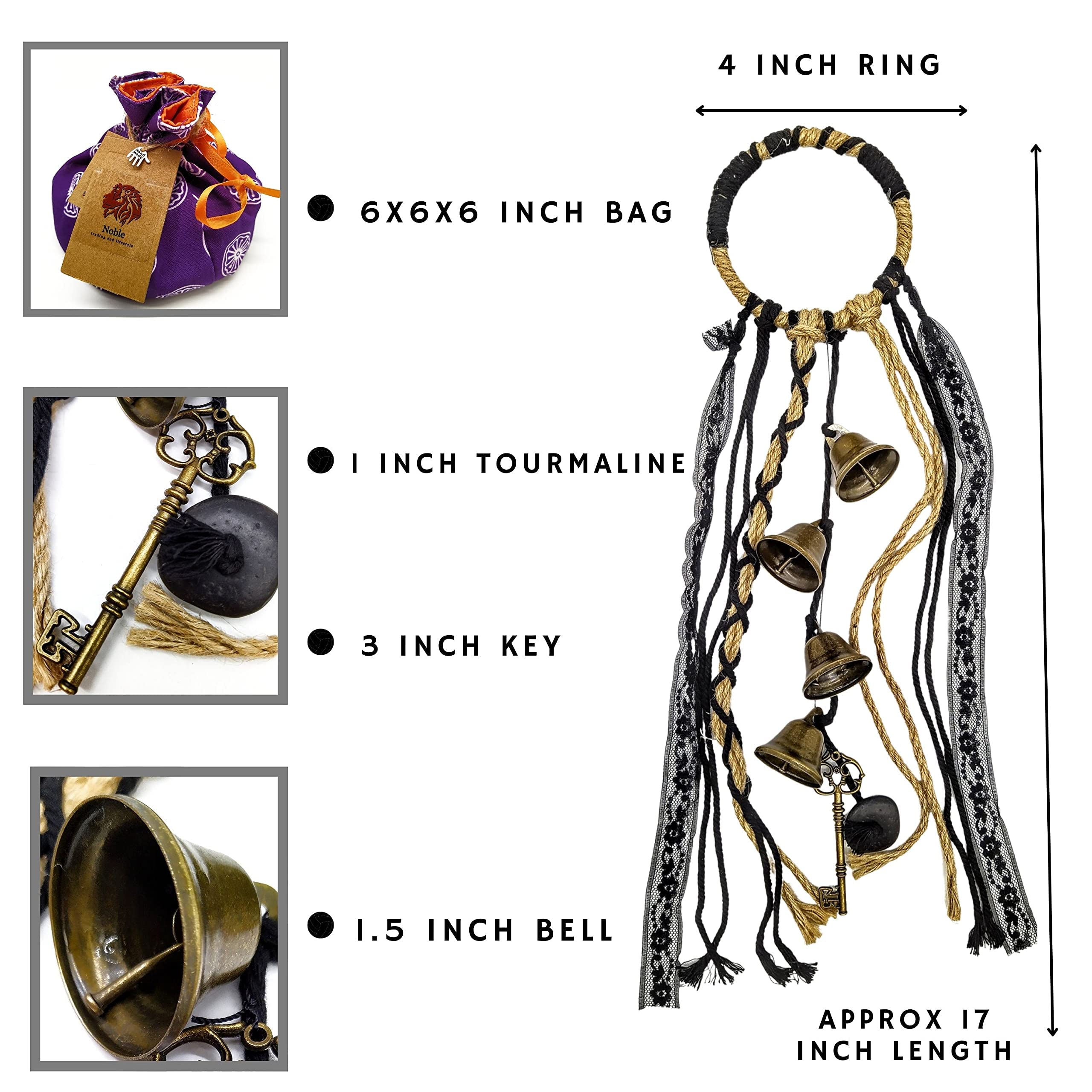 Witch Bells for Magic Home Protection - Handmade Witchy Décor for Door Knob to Attract Positive Energy and Banish Negativity - Witchy Gifts for Women - Witch Aesthetic with Iron Key and Tourmaline