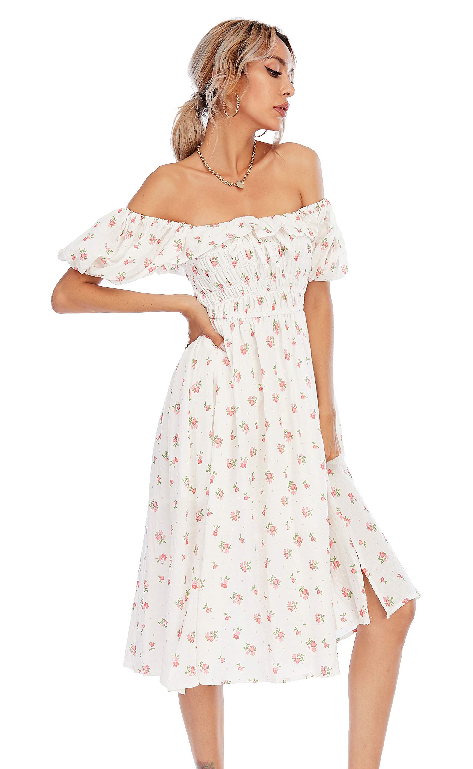 R.Vivimos Damen Casual A-Line Print Vierkant Puff Ärmel Kleid Saum Hohe Taille Midi Fitted Kleid Berufskleid