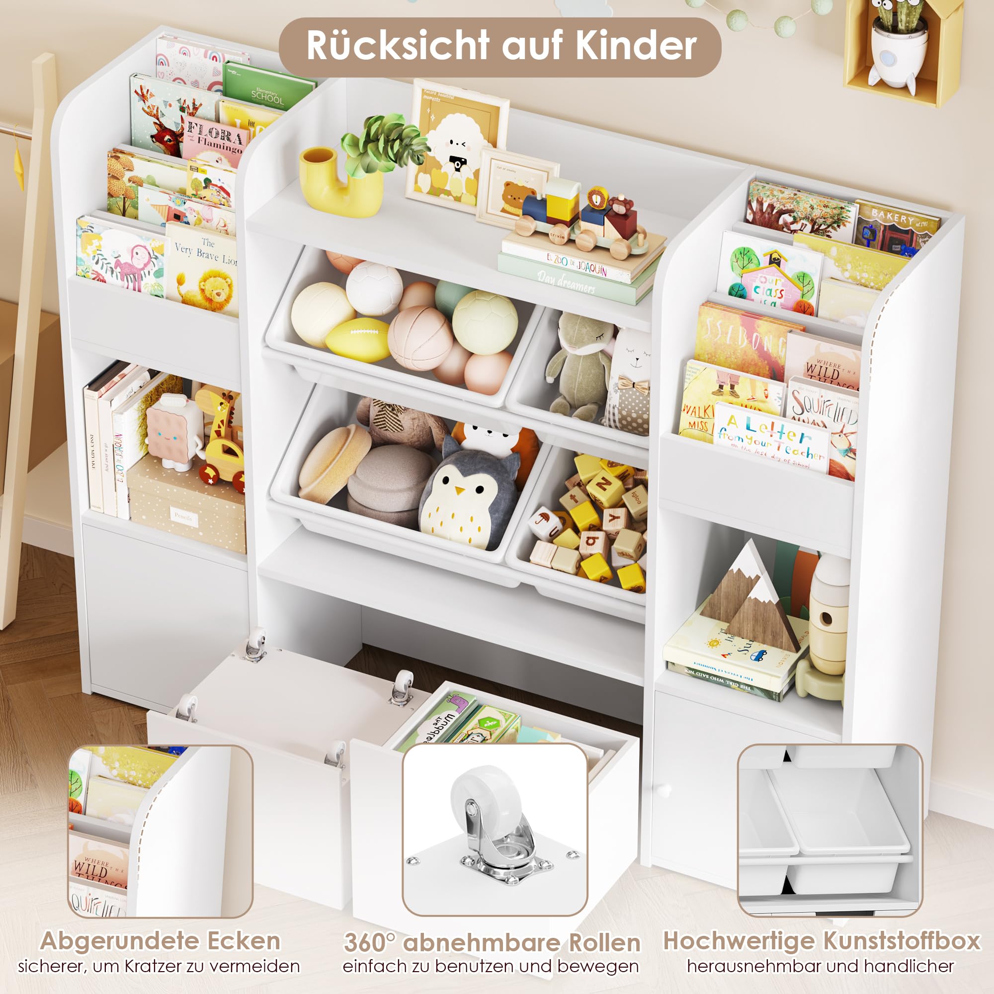 FOREHILL Kinderregal mit 6 Boxen, Spielzeug Aufbewahrung für Kinderzimmer | Kinderregal, Kinderzimmer Möbel mit Kinderschrank, Bücherregal Kinder für Kindergarten, Leseecke 126x30x104 cm Weiß