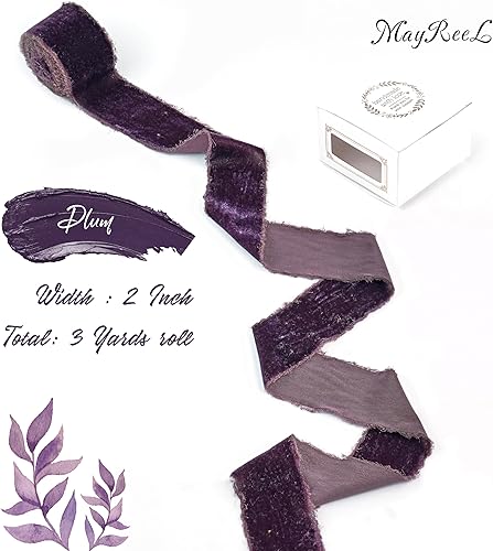 Miniatura 2 de MAYREEL Cinta de terciopelo color ciruela de 2 pulgadas, desgarrada a mano, borde deshilachado de seda púrpura oscuro para ramos de novia,