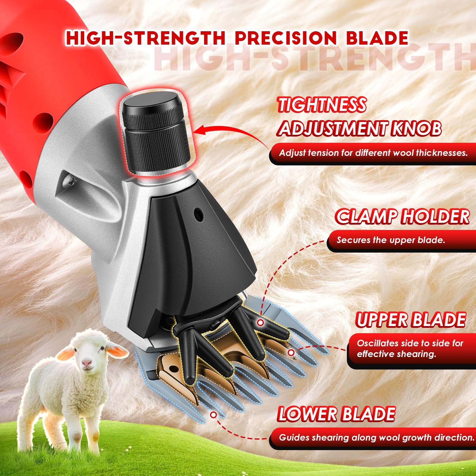 CGOLDENWALL 1200W Tosatrice per Pecore Elettrica Professionale, Motore Alte Prestazioni 3800RPM, Regolazione 6 Veli, Lama a 13 Denti per Pecore, Capre, Alpaca & Bestiame con Pelliccia Spessa