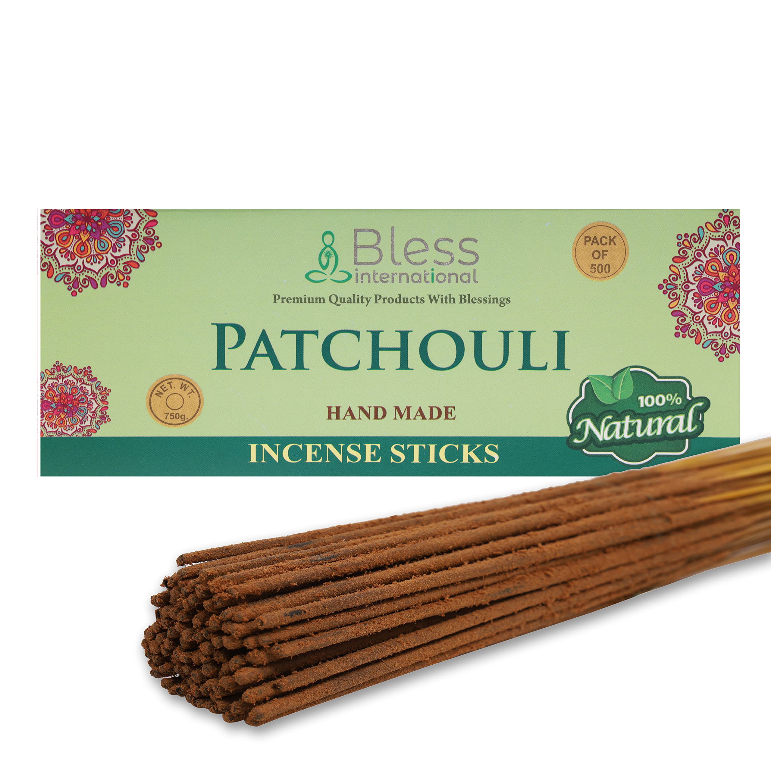 Bless-Patchouli-Incense-Sticks 100%-Natural-Handmade-Hand-Dipped Organic-Chemicals-Free For-Purification-Relaxation-Positivity-Yoga-Meditation The-Best-Woods-Scent (500 Sticks (750GM))
