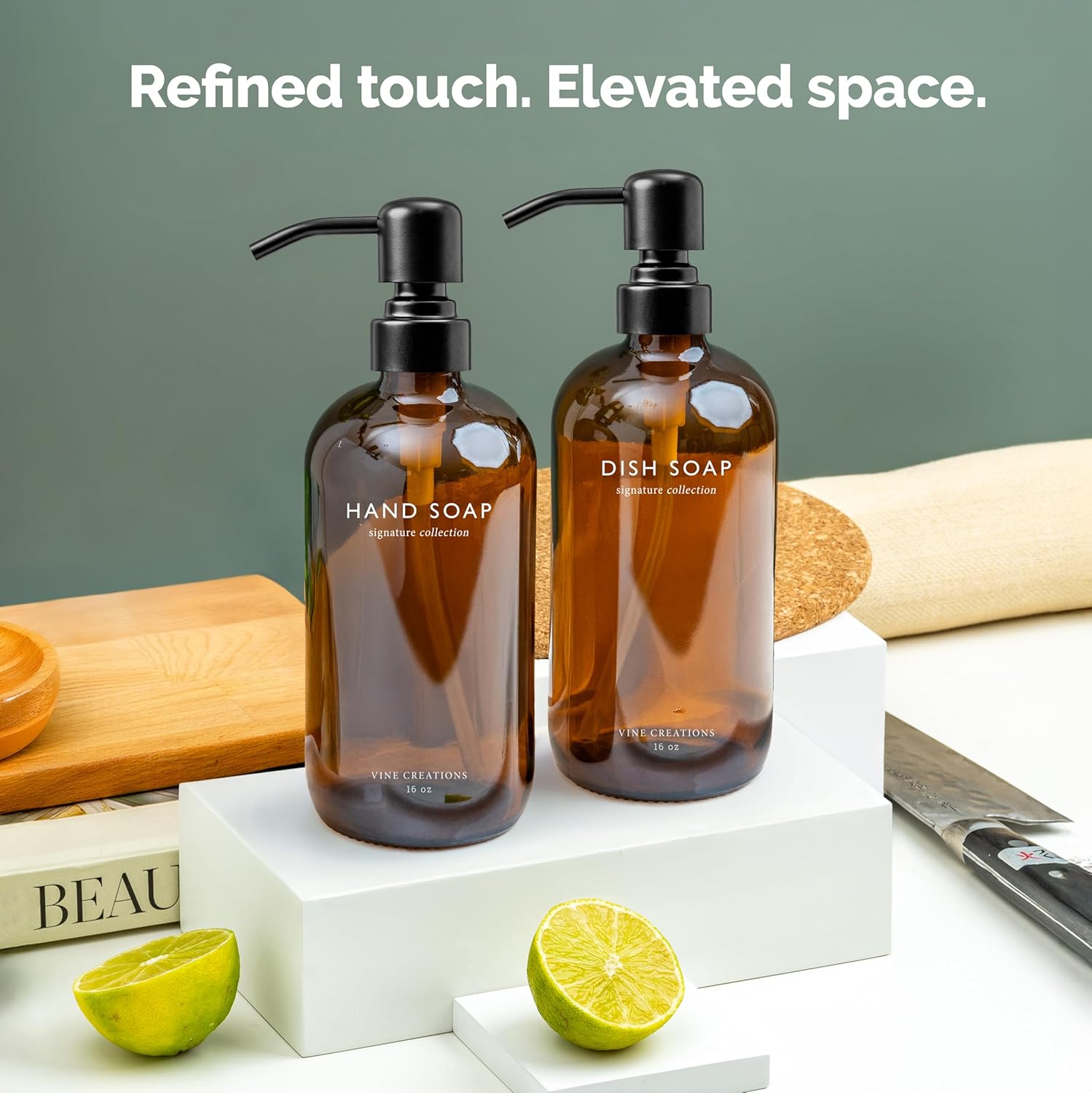 Vine Creations Amber Glass Soap Dispenser Set, Dish Soap and Hand Soap Dispenser Set with Stainless Steel Pump, 16 oz Glass Dispensers for Kitchen or Bathroom Decor (Amber Bottle/Matte Black Pump) - Image 6