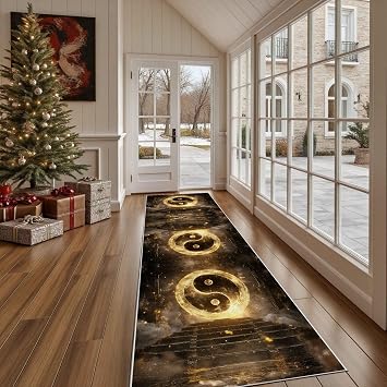 Fantasy Tai Chi Non Slip Runner Rug 2x8Mystic Moon Washable Rug for Hallway Abstract Gold Low Pile Carpet with Rubber Backing for Kitchen, Bedroom, Stain Resistant Floor Mat