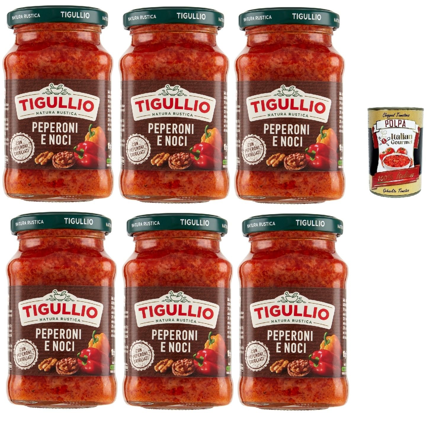 Tigullio Pesto Peperoni e Noci 6 x 190 g Pasta Sauce with Grilled Peppers and Walnuts Creamy Spicy Italian Salsa for Pasta Bread Dip + Italian Gourmet Polpa - Peppers and Walnut