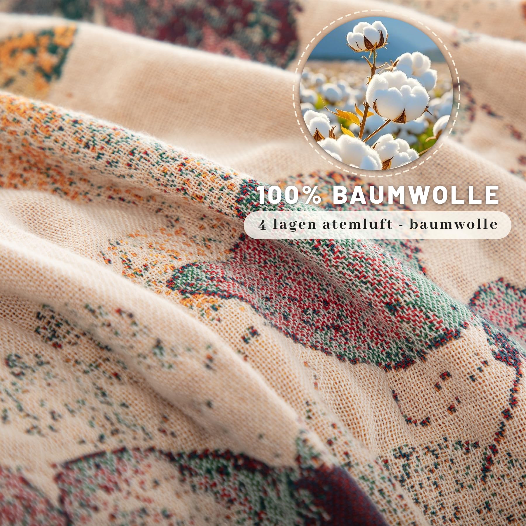 Boho Tagesdecke mit Fransen, 100% Baumwolle Doppelseitige Musselin Decke 230x250cm, Weiche Kuschelige Sofadecke & Bettüberwurf, Atmungsaktiv für Wohnzimmer Schlafzimmer Ganzjährige Nutzung