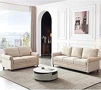 Vista 14 de Moderno juego de sofá de 3 piezas para sala de estar, sofá tapizado de lino con almacenamiento, ribete de cabeza de clavo, marco y patas de madera